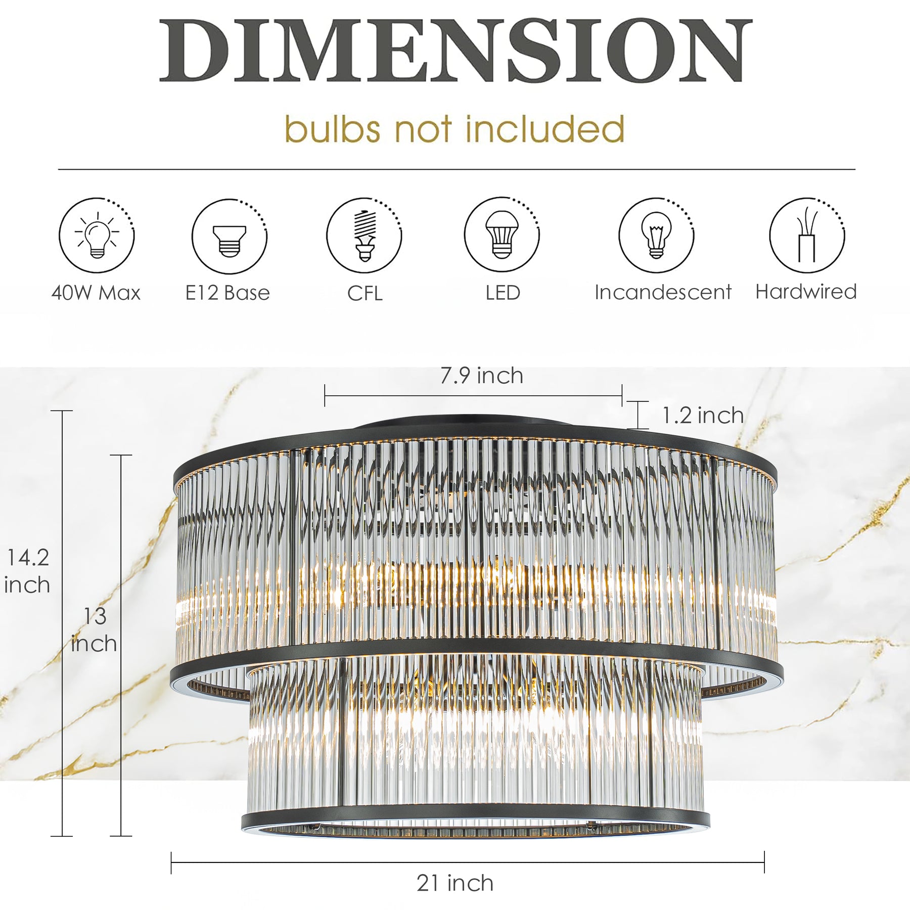 W21in Modern Glam 10-Light 2 Tiered Glass Drum Flush Mount Ceiling Lighting in Matte Black Contemporary Round Close to Ceiling Light