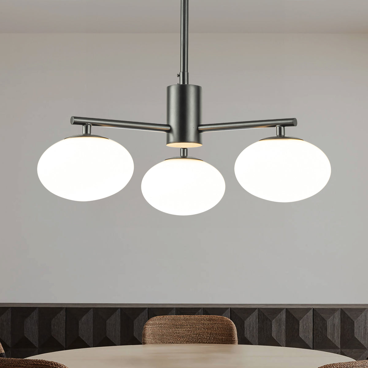 3-Light 20'' Matte Black Century Modern Opal Glass Chandelier Classic Globe Pendant Light For Dining Room