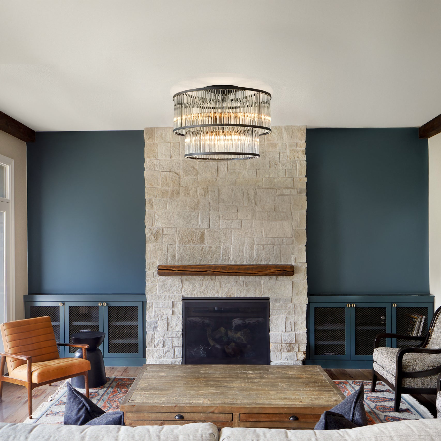 W21in Modern Glam 10-Light 2 Tiered Glass Drum Flush Mount Ceiling Lighting in Matte Black Contemporary Round Close to Ceiling Light