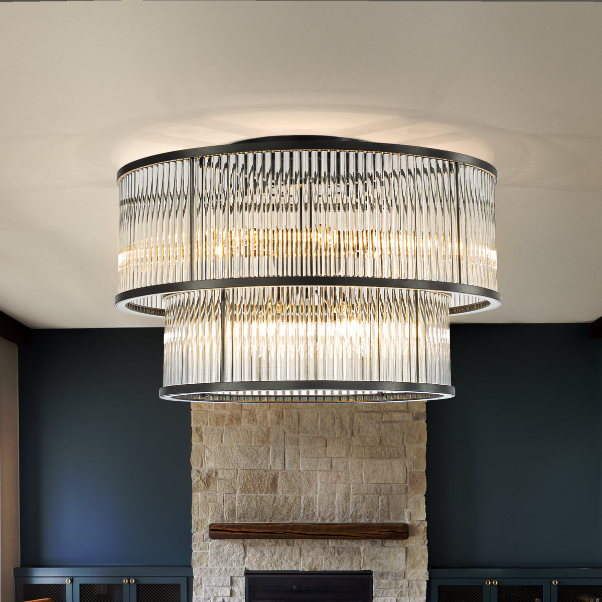 W21in Modern Glam 10-Light 2 Tiered Glass Drum Flush Mount Ceiling Lighting in Matte Black Contemporary Round Close to Ceiling Light