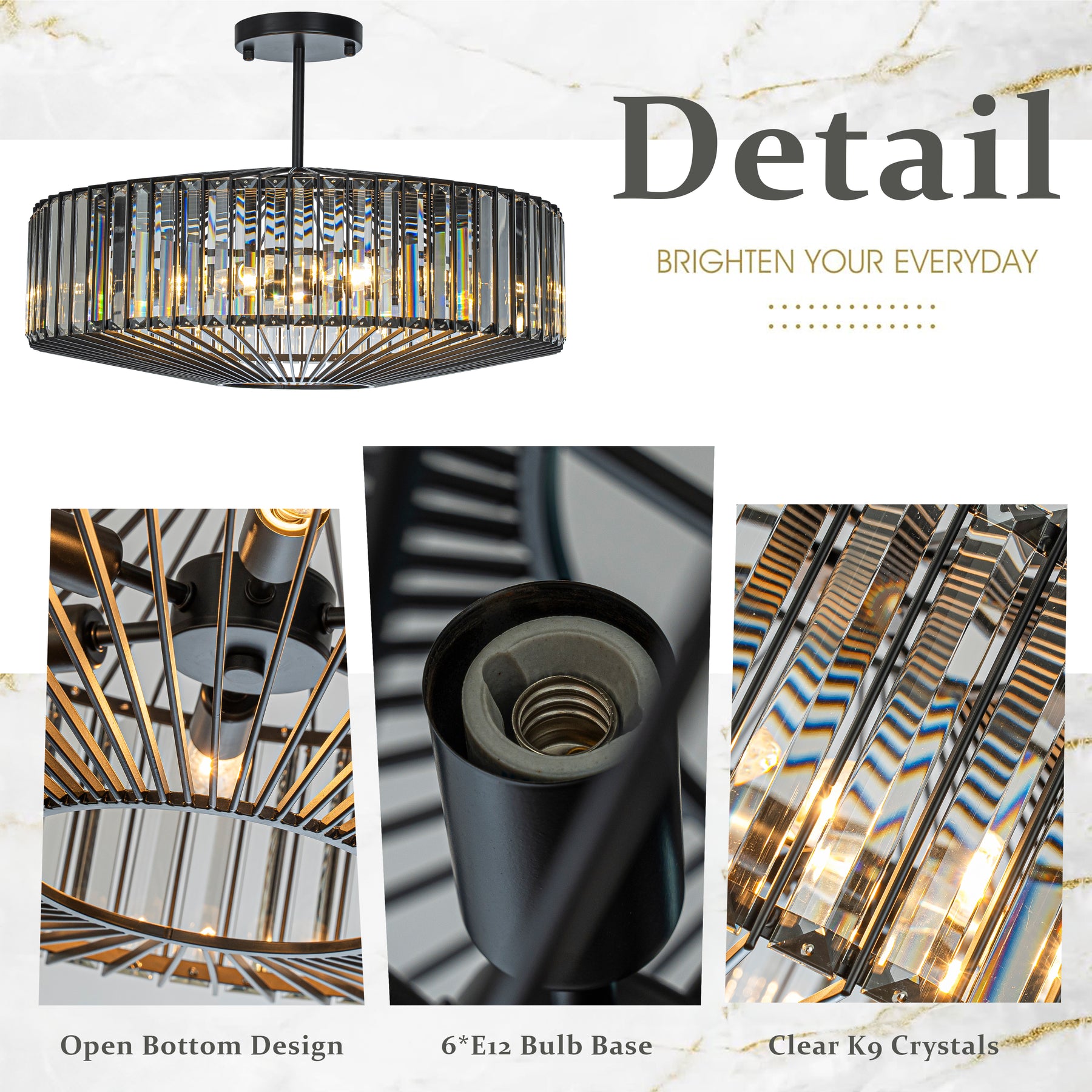 24'' Unique Modern Crystal Flush Mount 6-Light Luxury Matte Black Ceiling Light with Clear Crystal For Dining Room And Entryway