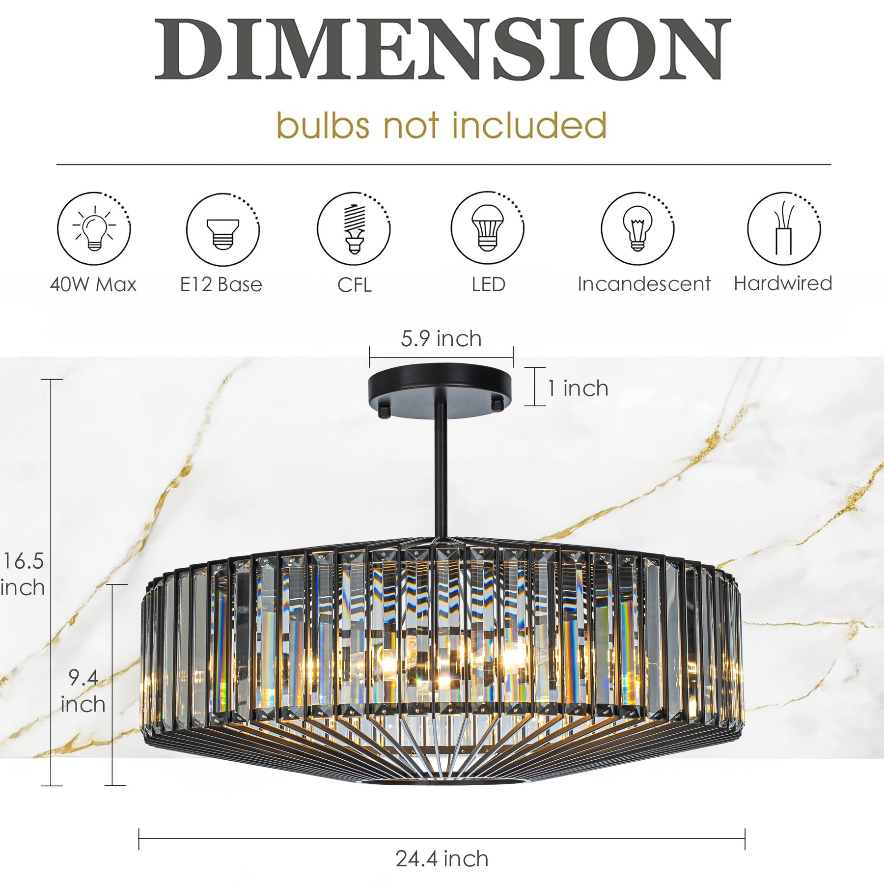 24'' Unique Modern Crystal Flush Mount 6-Light Luxury Matte Black Ceiling Light with Clear Crystal For Dining Room And Entryway