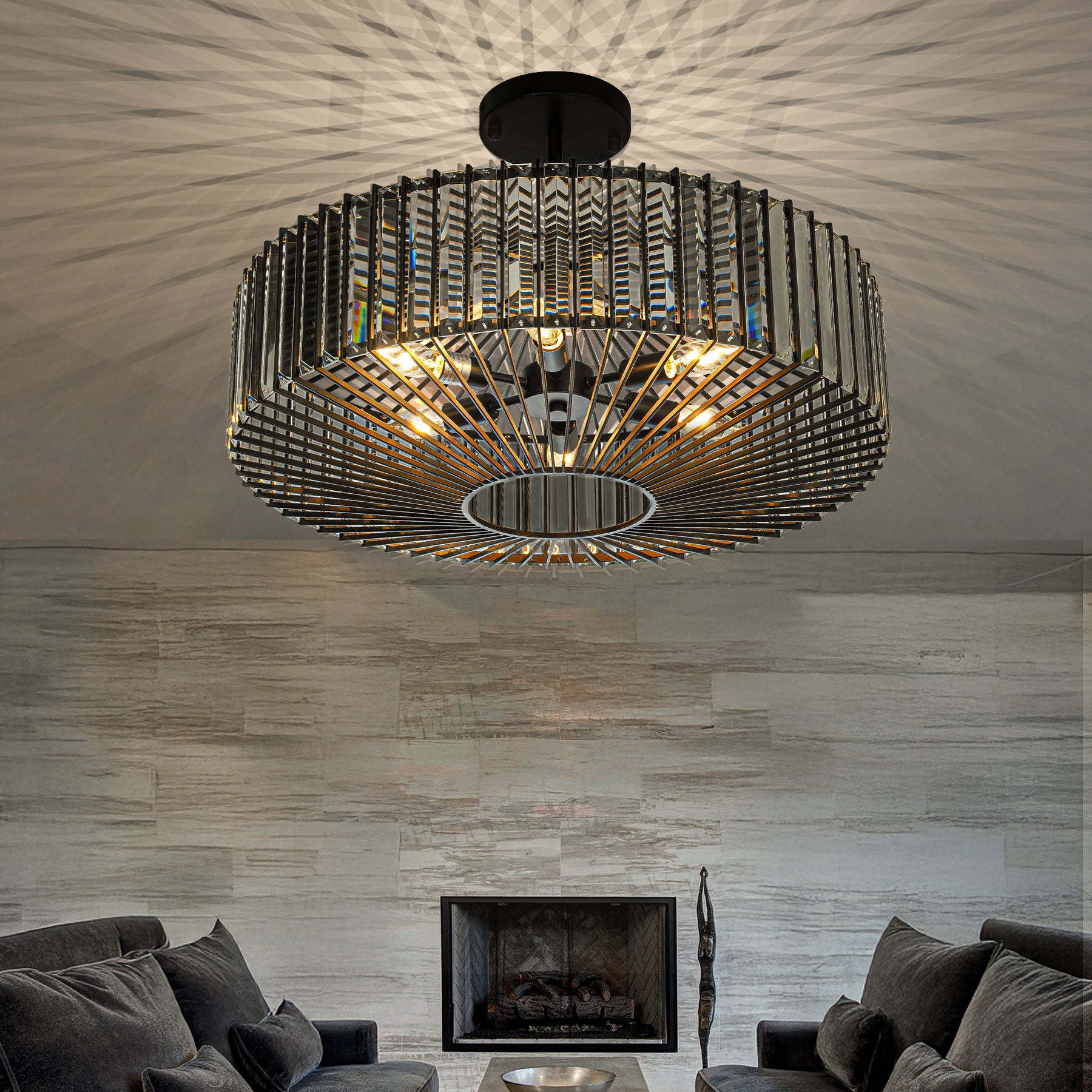 24'' Unique Modern Crystal Flush Mount 6-Light Luxury Matte Black Ceiling Light with Clear Crystal For Dining Room And Entryway
