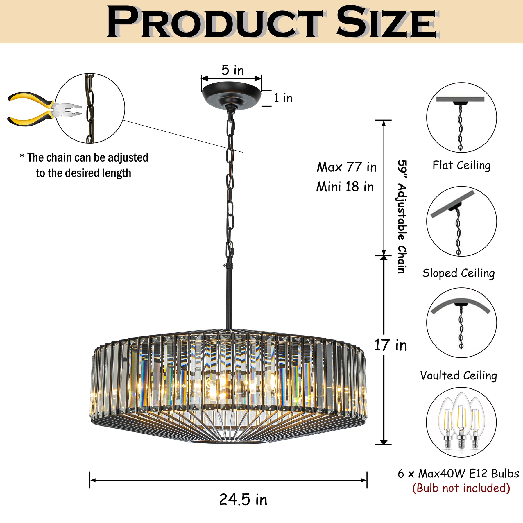 24'' Unique Modern Crystal Chandelier 6-Light Luxury Matte Black Pendant with Clear Crystal For Dining Room And Entryway
