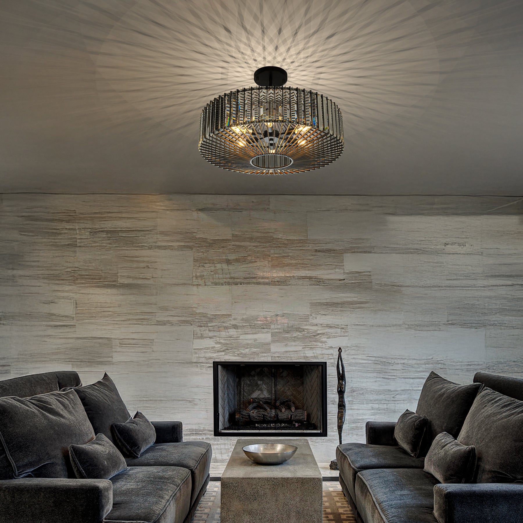 24'' Unique Modern Crystal Flush Mount 6-Light Luxury Matte Black Ceiling Light with Clear Crystal For Dining Room And Entryway