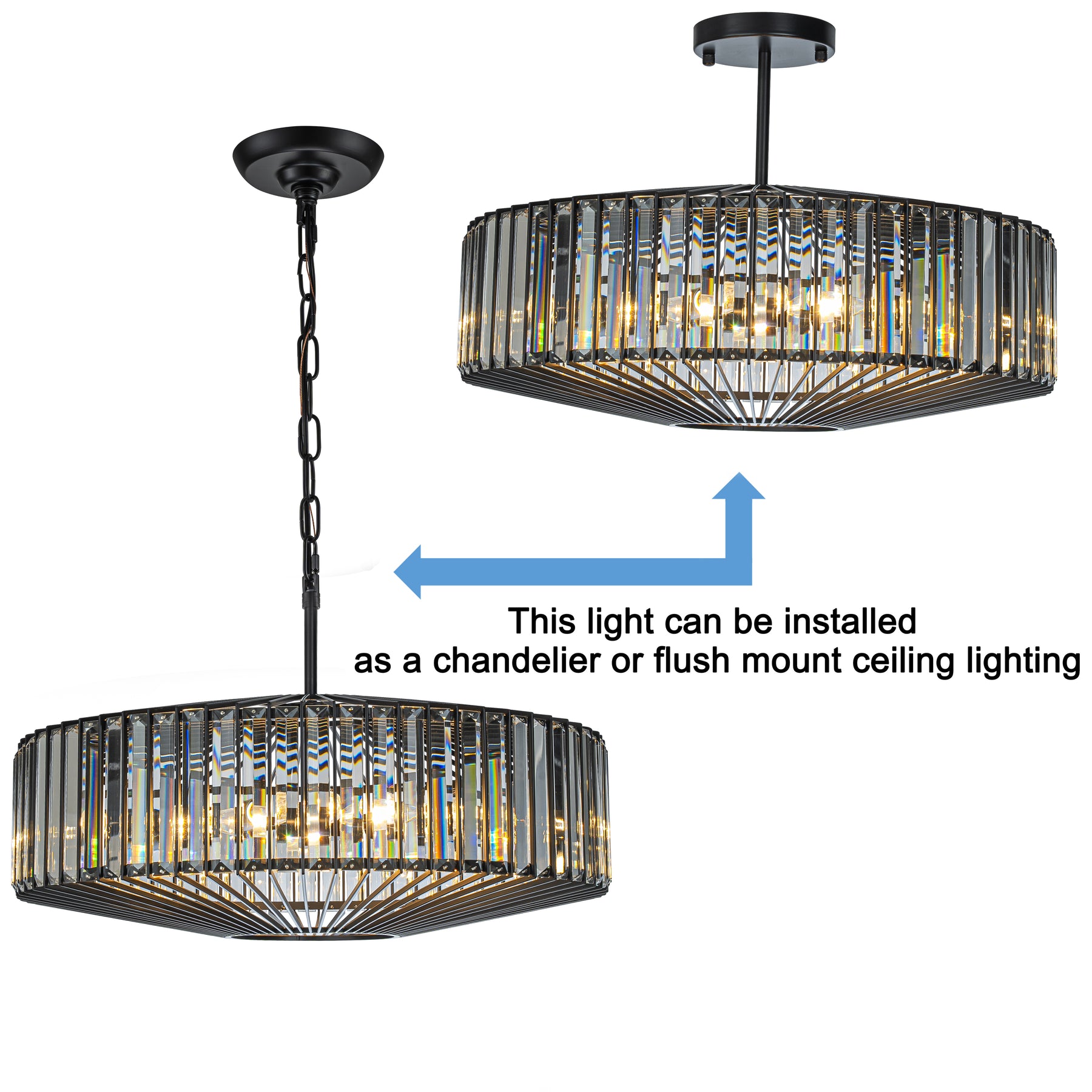 24'' Unique Modern Crystal Chandelier 6-Light Luxury Matte Black Pendant with Clear Crystal For Dining Room And Entryway