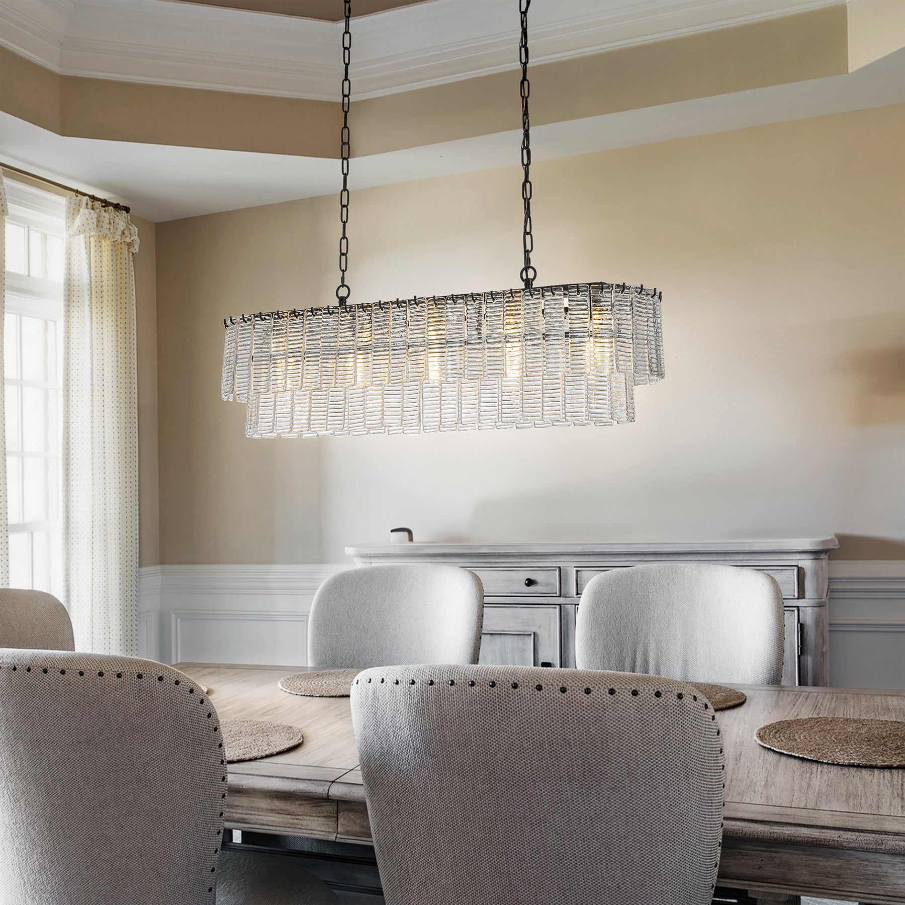 5-Light 39'' Matte Black Rectangle Elegant Ribbed Glass Chandelier Vintage Art Glass Pendant Light For Dining Room Ktichen Island