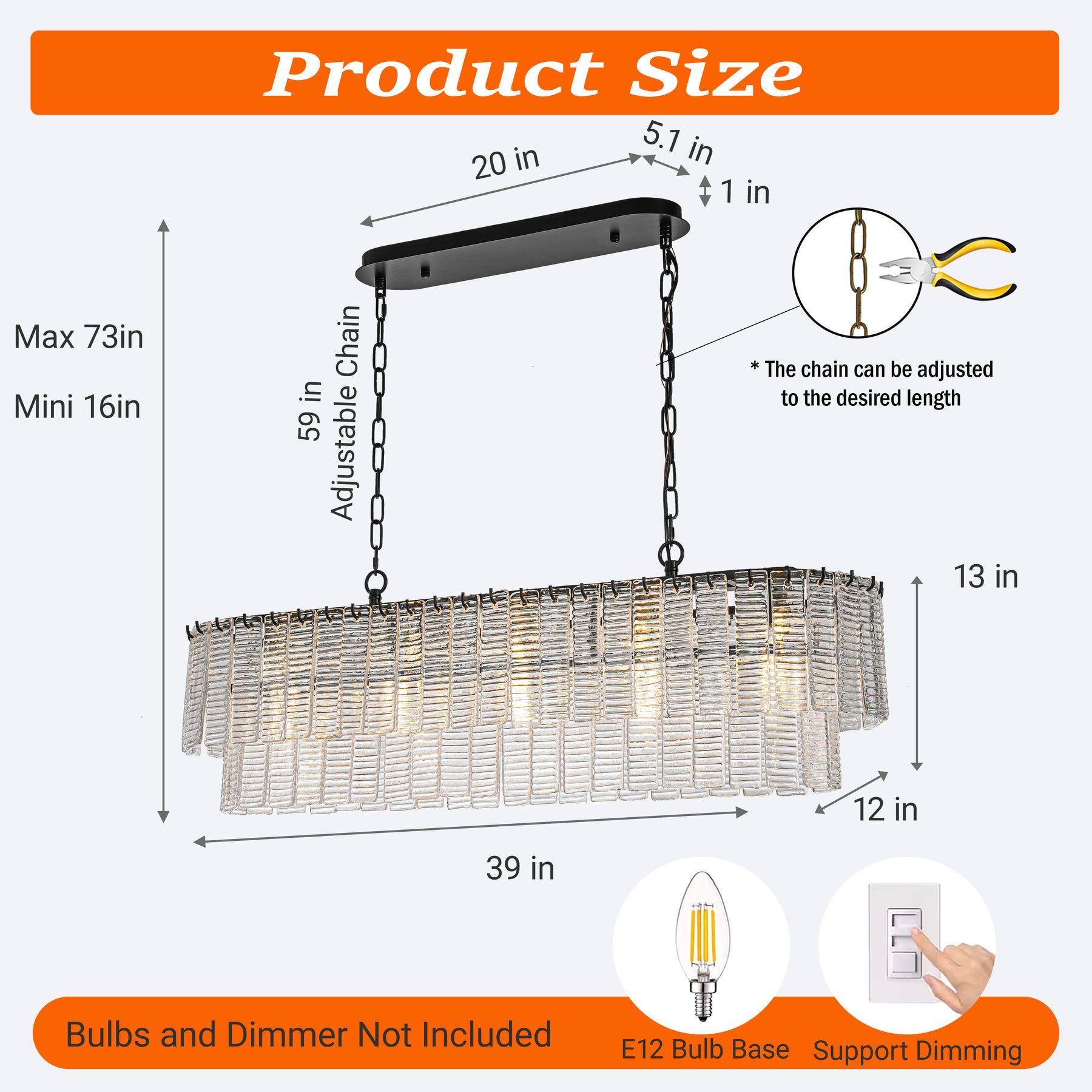5-Light 39'' Matte Black Rectangle Elegant Ribbed Glass Chandelier Vintage Art Glass Pendant Light For Dining Room Ktichen Island