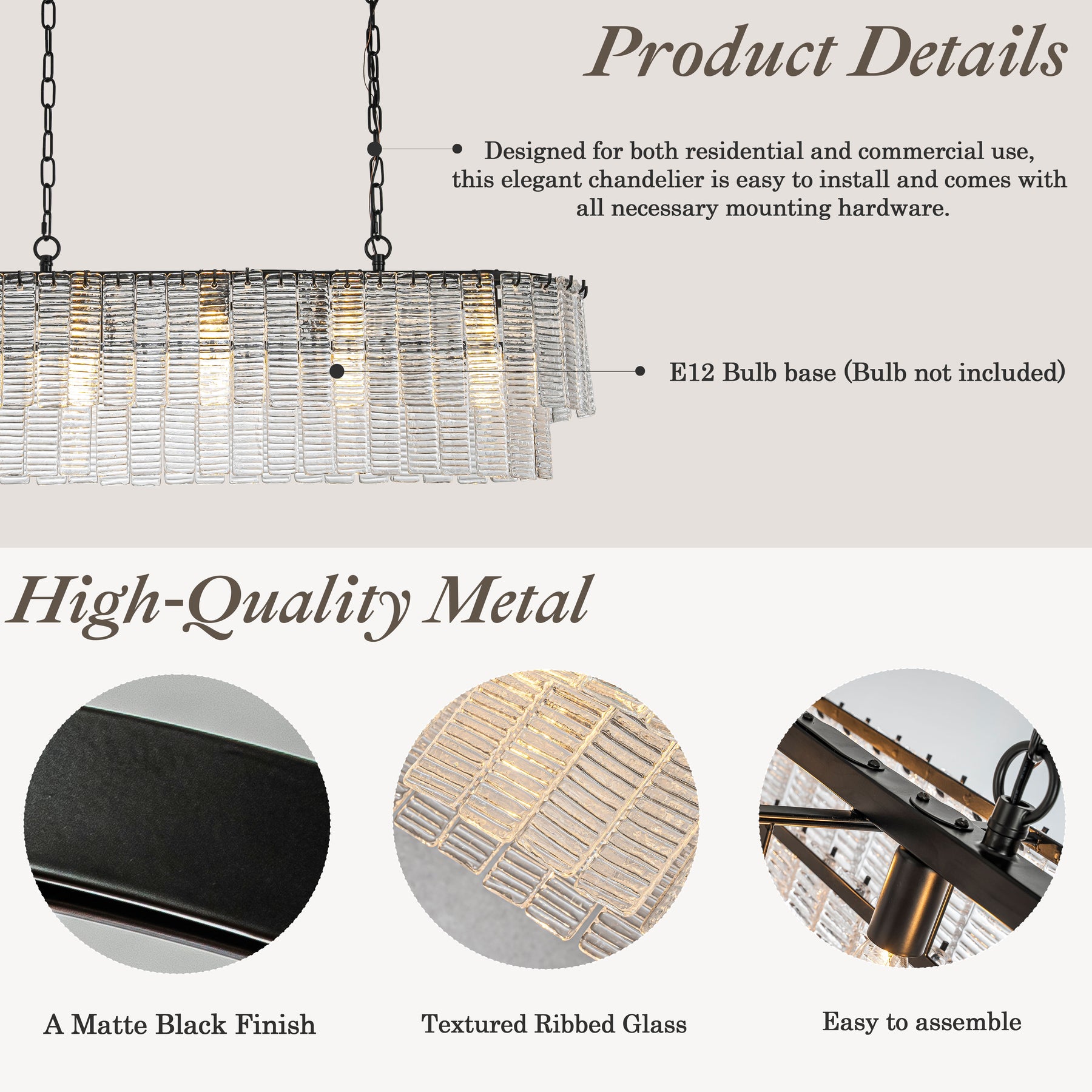 5-Light 39'' Matte Black Rectangle Elegant Ribbed Glass Chandelier Vintage Art Glass Pendant Light For Dining Room Ktichen Island