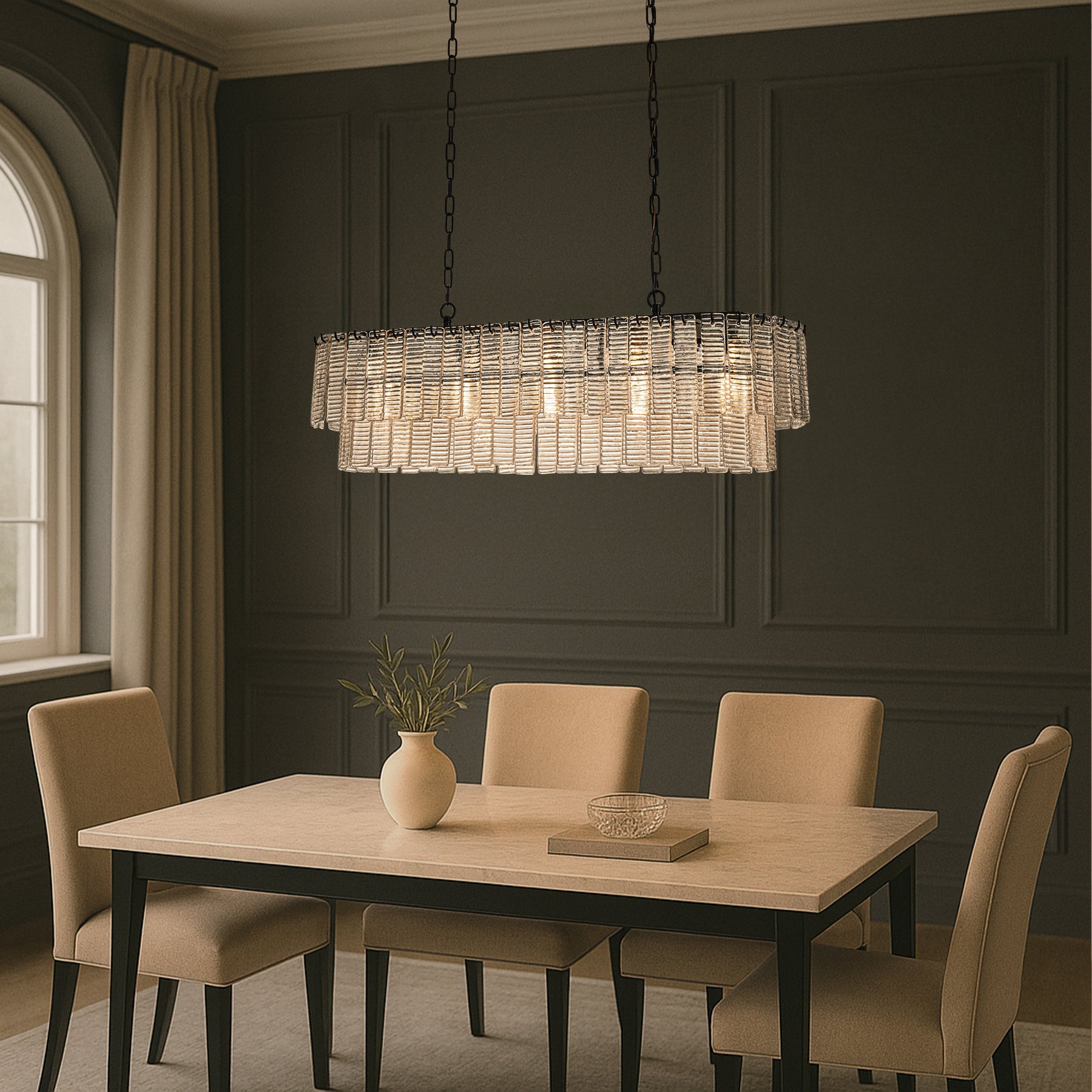 5-Light 39'' Matte Black Rectangle Elegant Ribbed Glass Chandelier Vintage Art Glass Pendant Light For Dining Room Ktichen Island