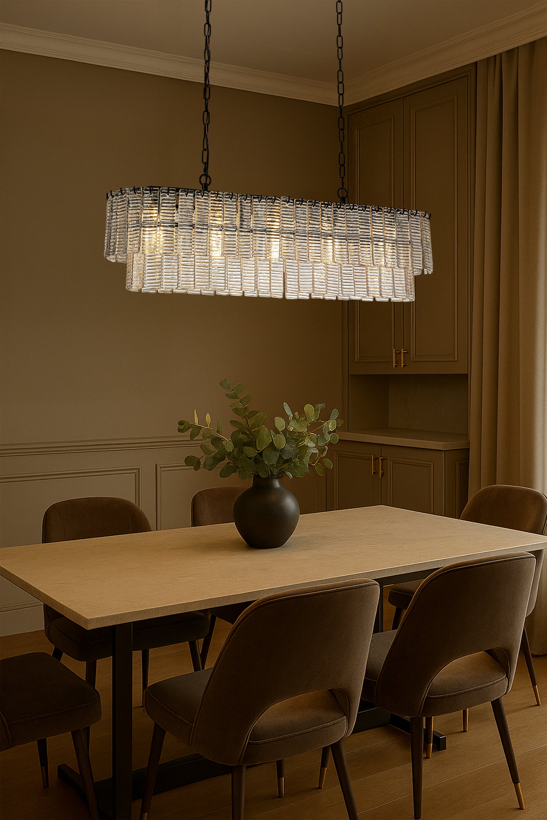 5-Light 39'' Matte Black Rectangle Elegant Ribbed Glass Chandelier Vintage Art Glass Pendant Light For Dining Room Ktichen Island