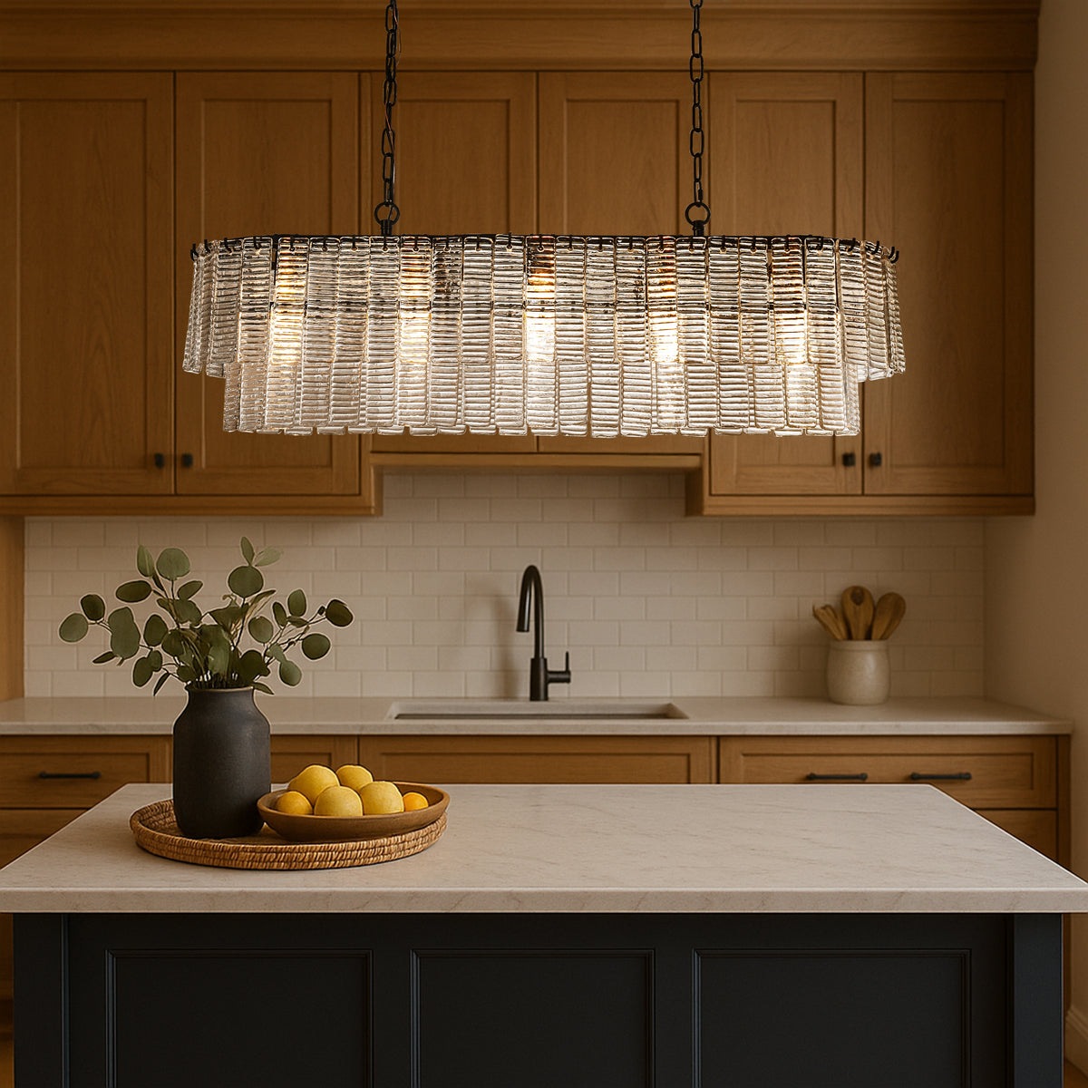 5-Light 39'' Matte Black Rectangle Elegant Ribbed Glass Chandelier Vintage Art Glass Pendant Light For Dining Room Ktichen Island