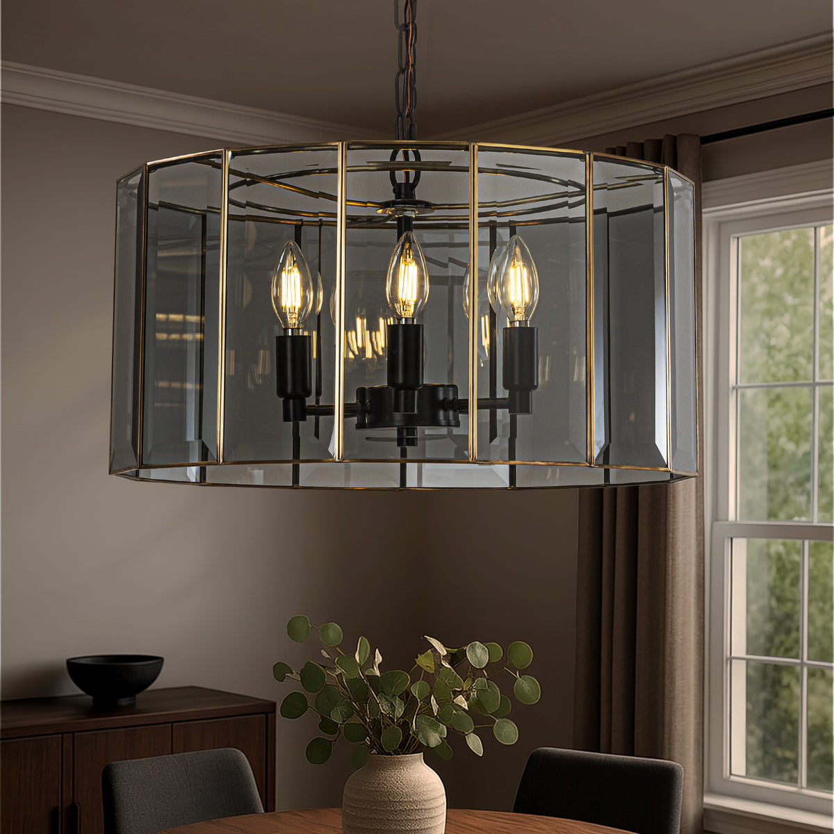 5-Light 20'' Modern Smoked Glass Drum Brass Chandelier Dimmable and Ajustable For Dining Room Living Room