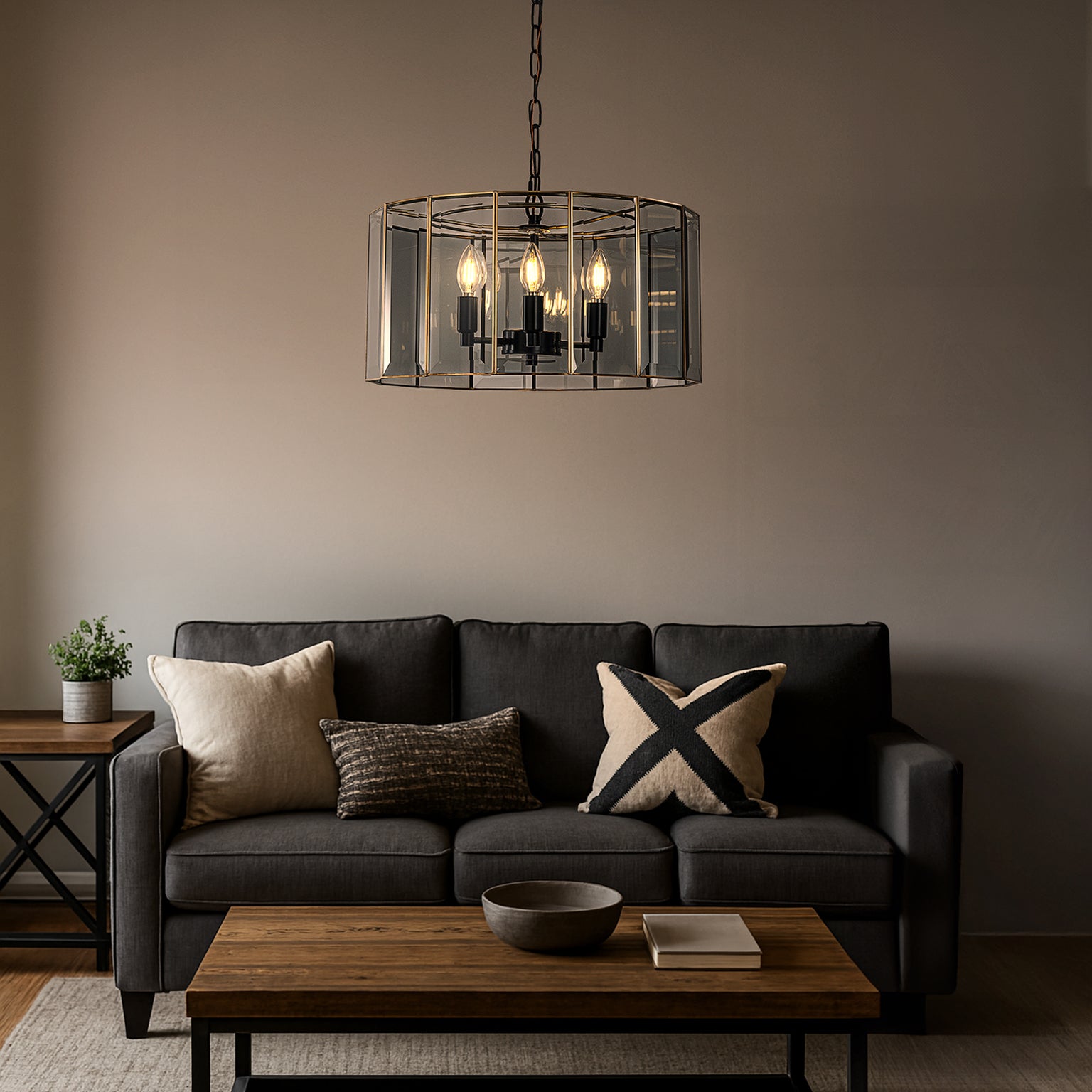 5-Light 20'' Modern Smoked Glass Drum Brass Chandelier Dimmable and Ajustable For Dining Room Living Room