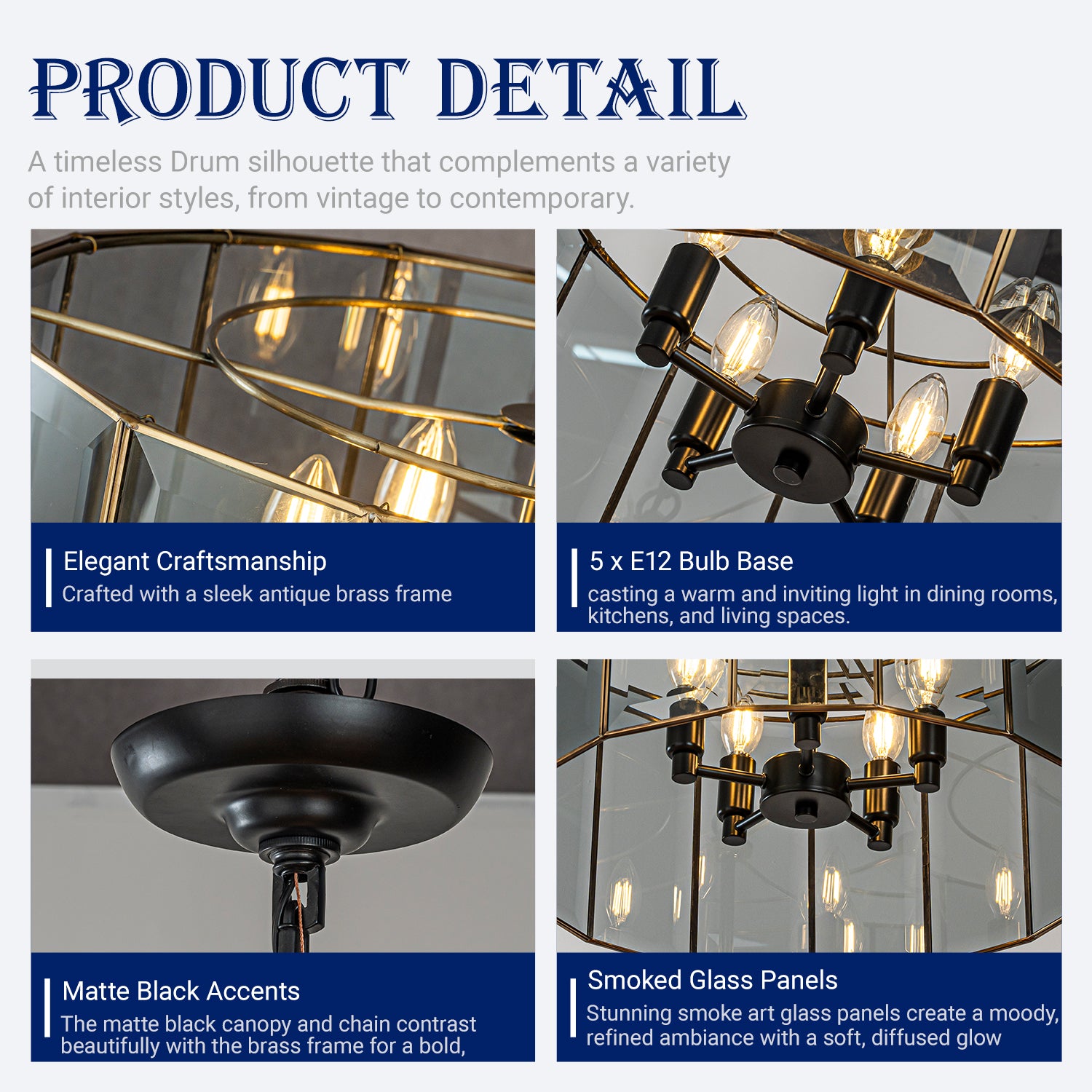 5-Light 20'' Modern Smoked Glass Drum Brass Chandelier Dimmable and Ajustable For Dining Room Living Room