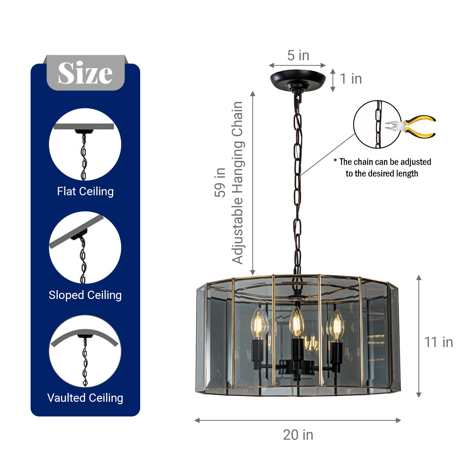 5-Light 20'' Modern Smoked Glass Drum Brass Chandelier Dimmable and Ajustable For Dining Room Living Room