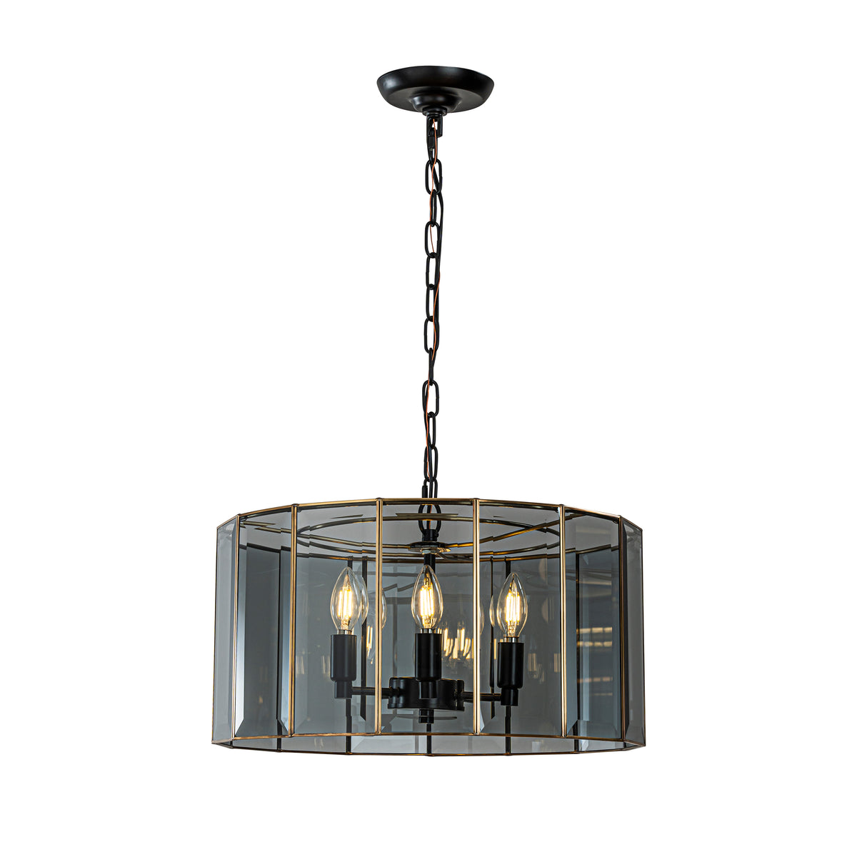 5-Light 20'' Modern Smoked Glass Drum Brass Chandelier Dimmable and Ajustable For Dining Room Living Room