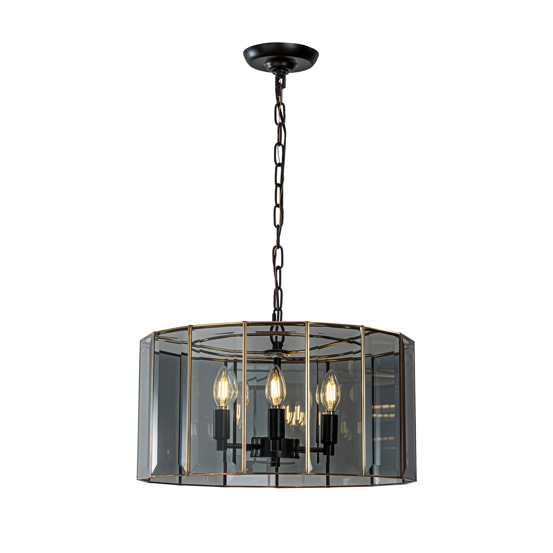 5-Light 20'' Modern Smoked Glass Drum Brass Chandelier Dimmable and Ajustable For Dining Room Living Room