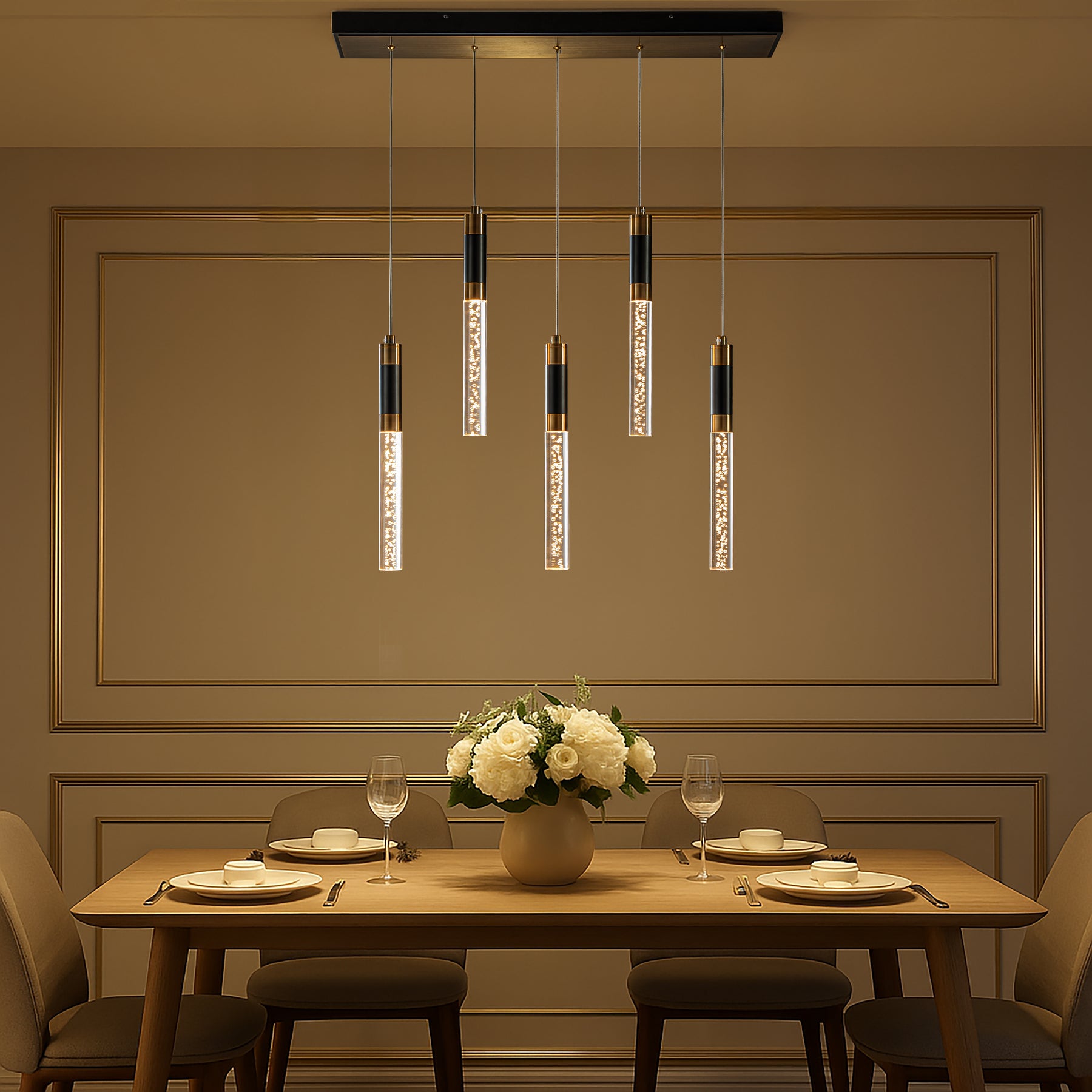 31'' Modern Linear 5-Light Seeded Bubble Glass Integrated LED Chandelier Dimmable Pendant Light In Matte Black For Dining Room Kitchen Island