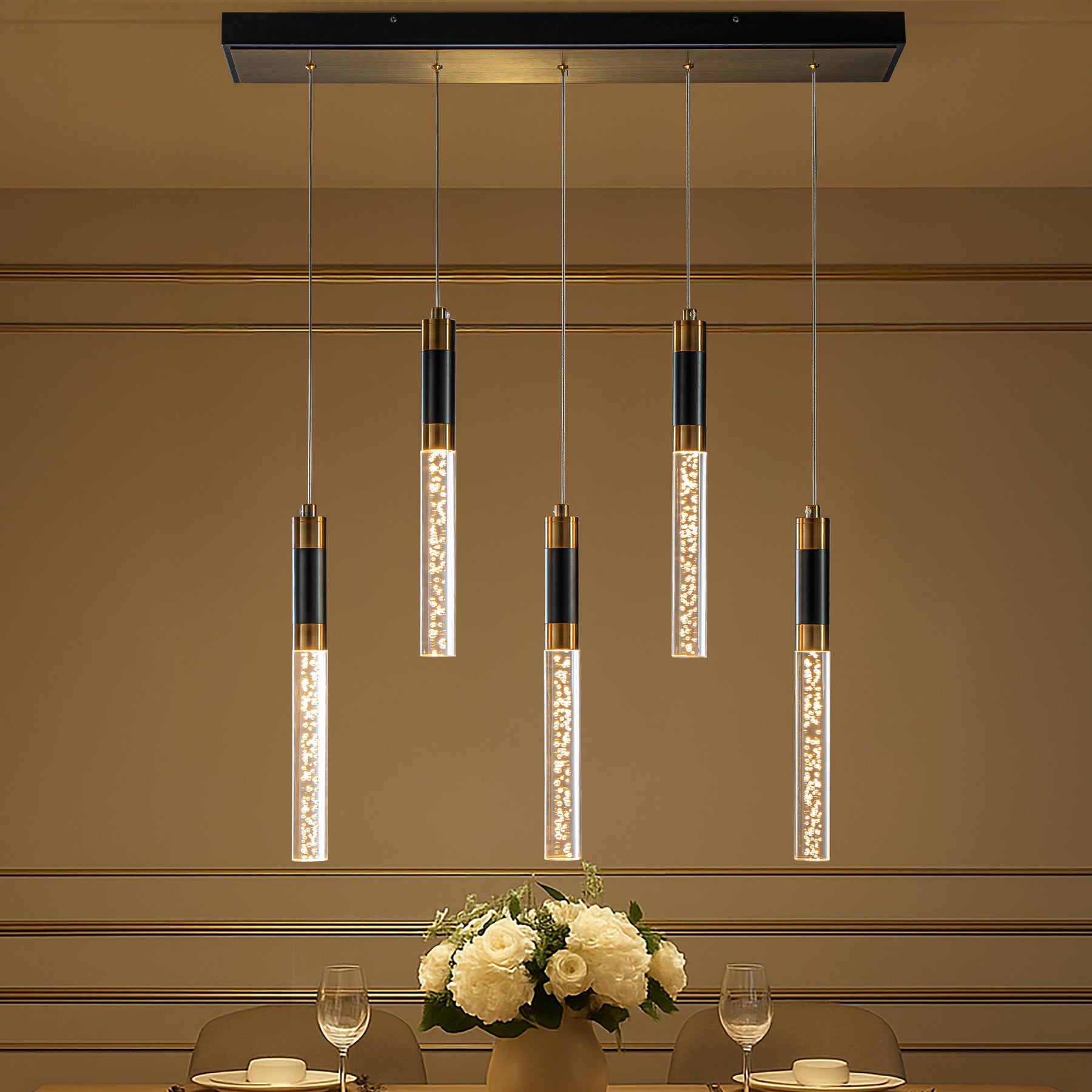 31'' Modern Linear 5-Light Seeded Bubble Glass Integrated LED Chandelier Dimmable Pendant Light In Matte Black For Dining Room Kitchen Island