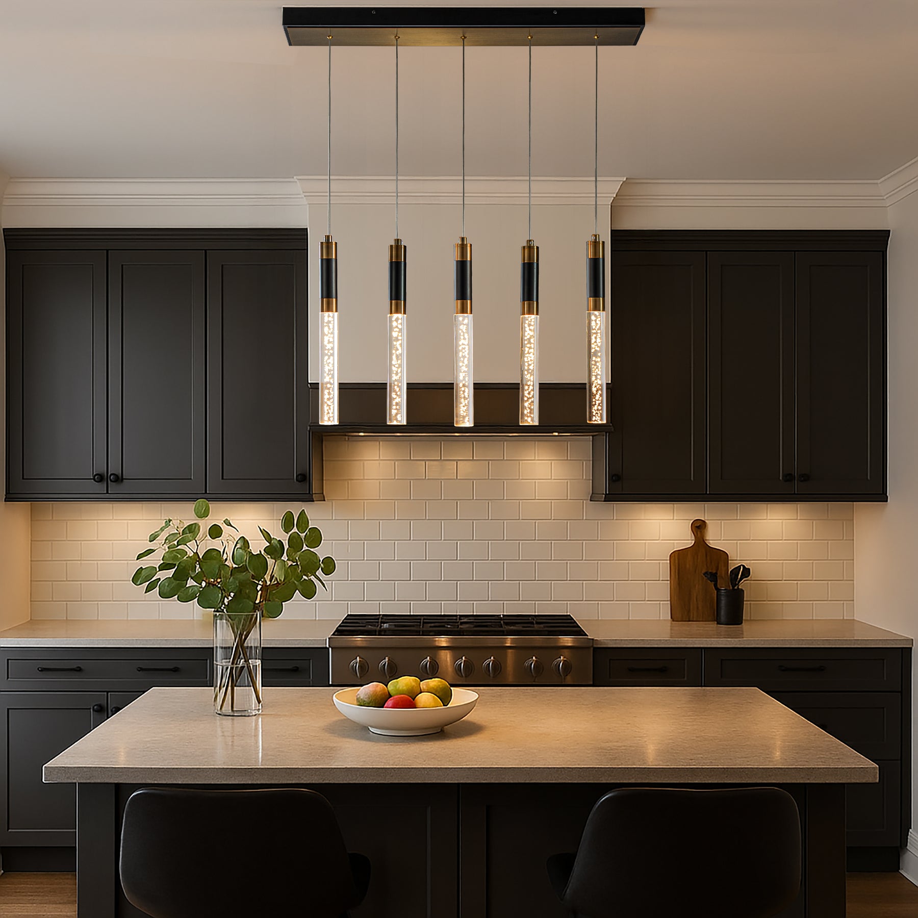 31'' Modern Linear 5-Light Seeded Bubble Glass Integrated LED Chandelier Dimmable Pendant Light In Matte Black For Dining Room Kitchen Island