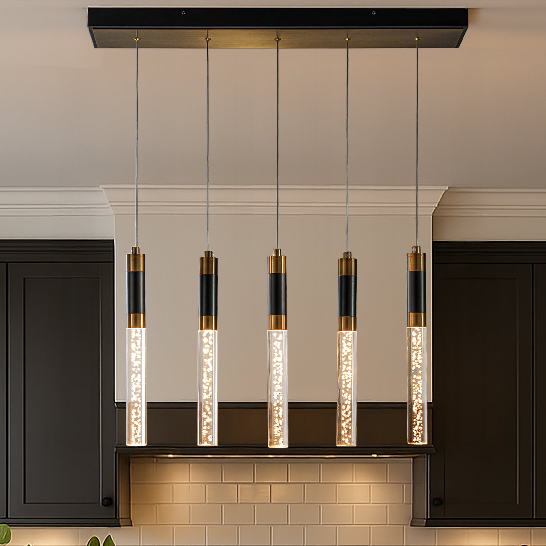 31'' Modern Linear 5-Light Seeded Bubble Glass Integrated LED Chandelier Dimmable Pendant Light In Matte Black For Dining Room Kitchen Island