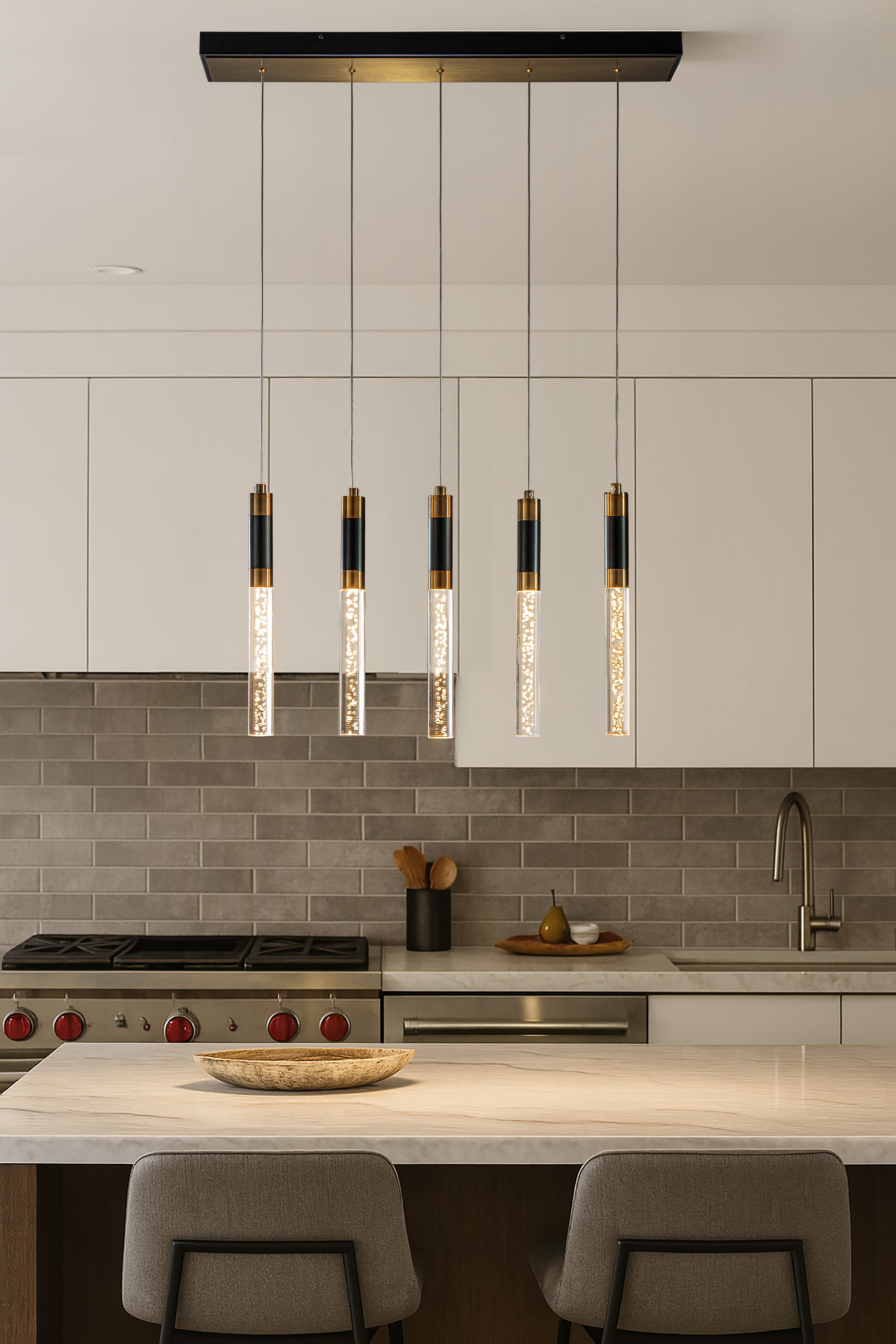 31'' Modern Linear 5-Light Seeded Bubble Glass Integrated LED Chandelier Dimmable Pendant Light In Matte Black For Dining Room Kitchen Island