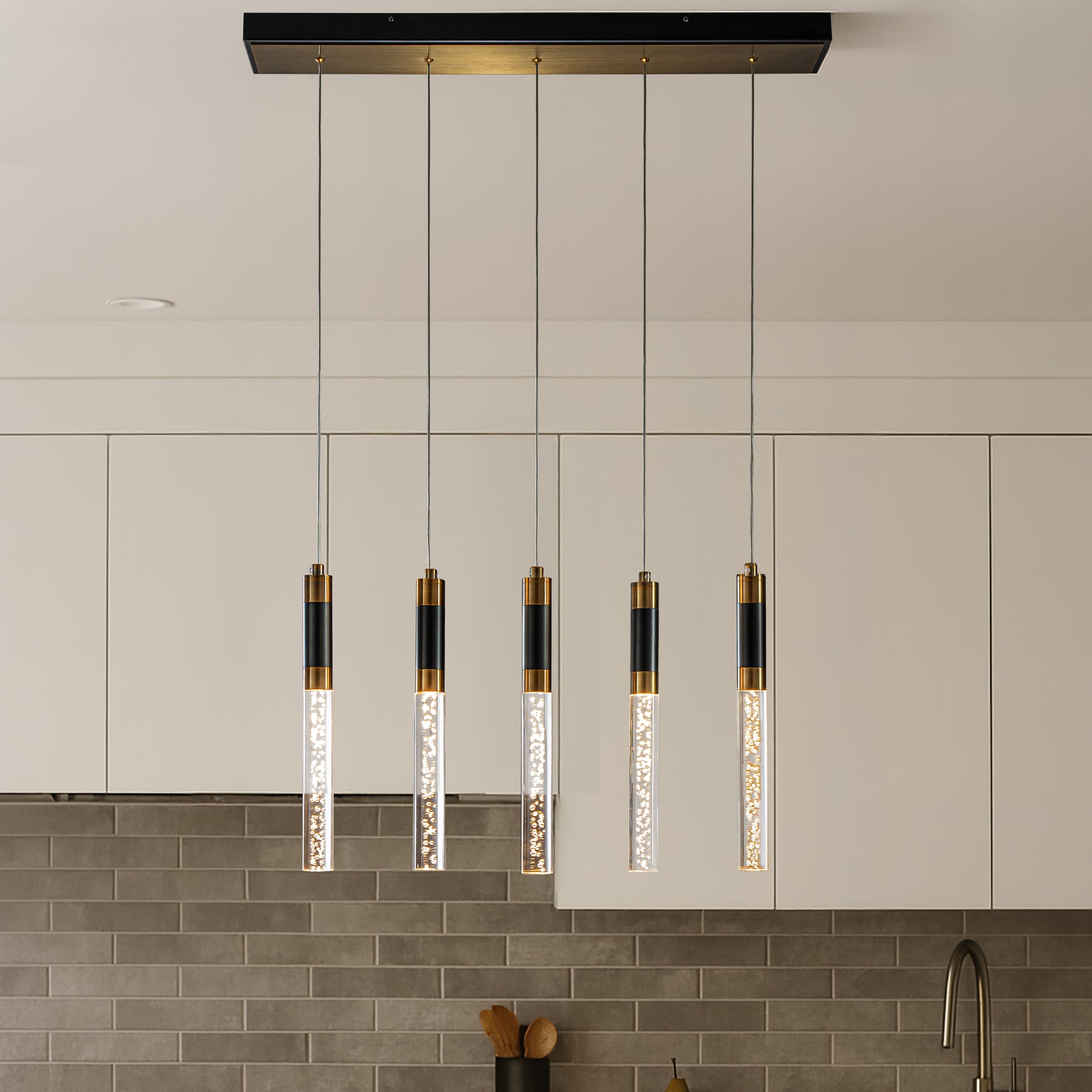 31'' Modern Linear 5-Light Seeded Bubble Glass Integrated LED Chandelier Dimmable Pendant Light In Matte Black For Dining Room Kitchen Island