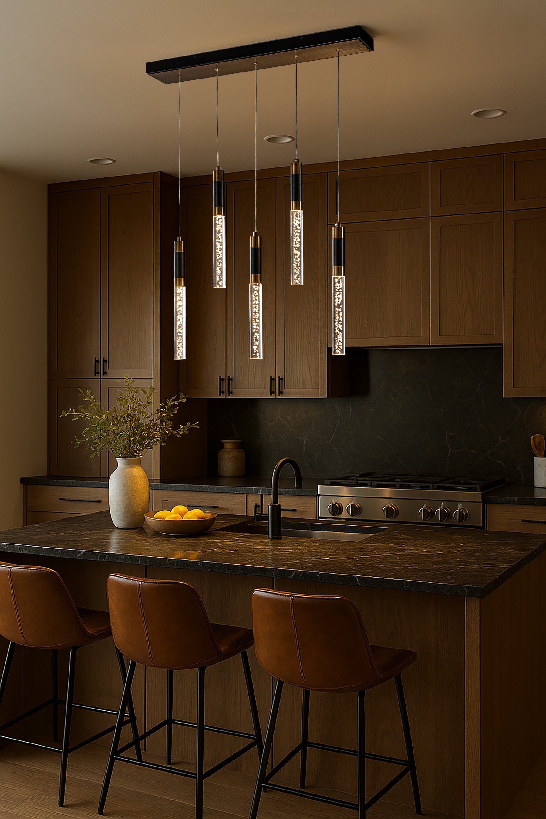 31'' Modern Linear 5-Light Seeded Bubble Glass Integrated LED Chandelier Dimmable Pendant Light In Matte Black For Dining Room Kitchen Island