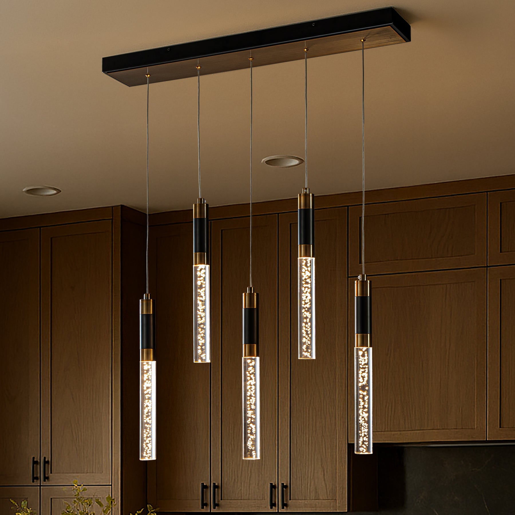 31'' Modern Linear 5-Light Seeded Bubble Glass Integrated LED Chandelier Dimmable Pendant Light In Matte Black For Dining Room Kitchen Island