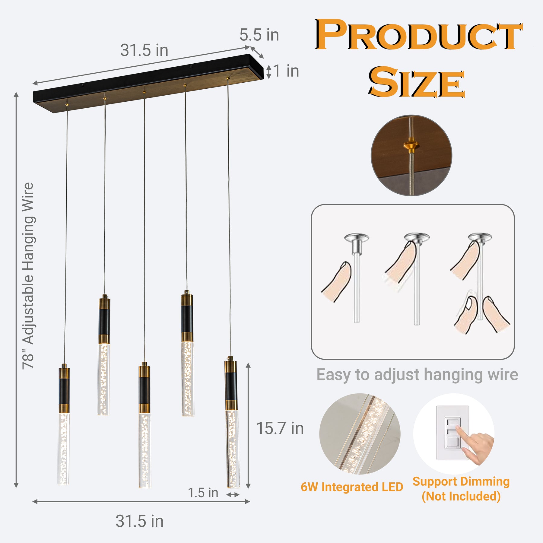 31'' Modern Linear 5-Light Seeded Bubble Glass Integrated LED Chandelier Dimmable Pendant Light In Matte Black For Dining Room Kitchen Island