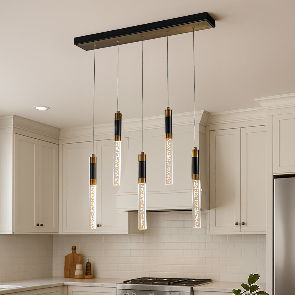 31" Modern Linear 5-Light Seeded Bubble Glass Integrated LED Chandelier Dimmable Pendant Light In Matte Black For Dining Room Kitchen Island