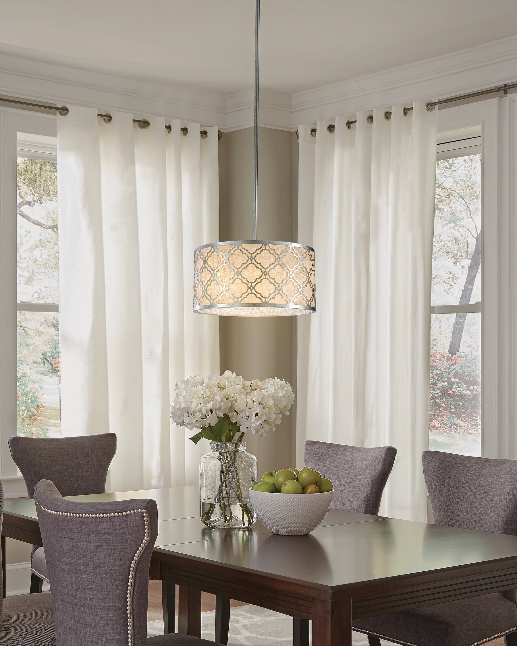 3 Light 16" Modern Classic Linen Drum Matte Vintage Silver Chandelier for Dining Room, Bedroom, or Living Room