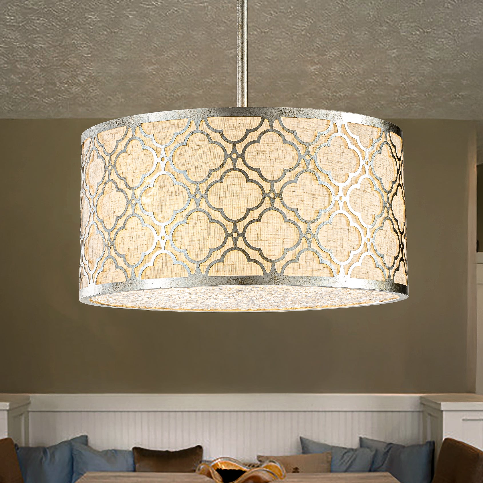 3 Light 16" Modern Classic Linen Drum Matte Vintage Silver Chandelier for Dining Room, Bedroom, or Living Room