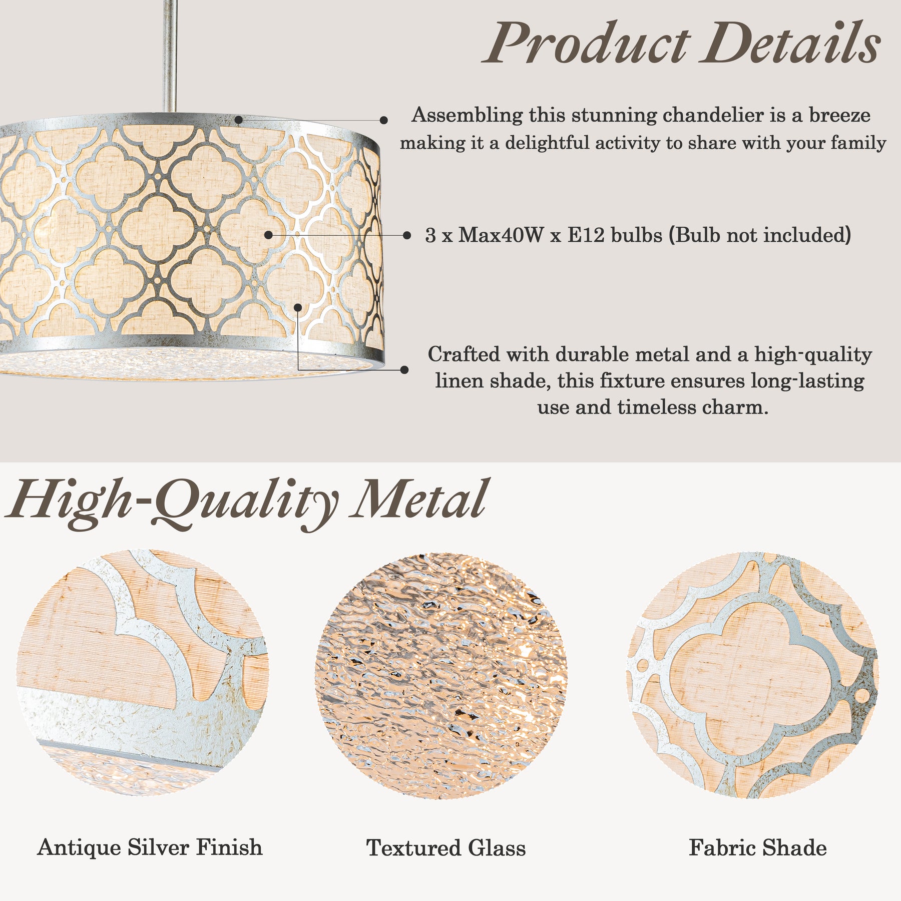 3 Light 16" Modern Classic Linen Drum Matte Vintage Silver Chandelier for Dining Room, Bedroom, or Living Room