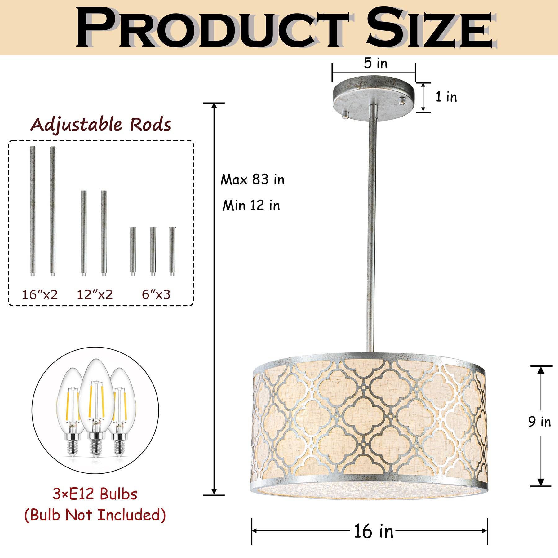 3 Light 16" Modern Classic Linen Drum Matte Vintage Silver Chandelier for Dining Room, Bedroom, or Living Room