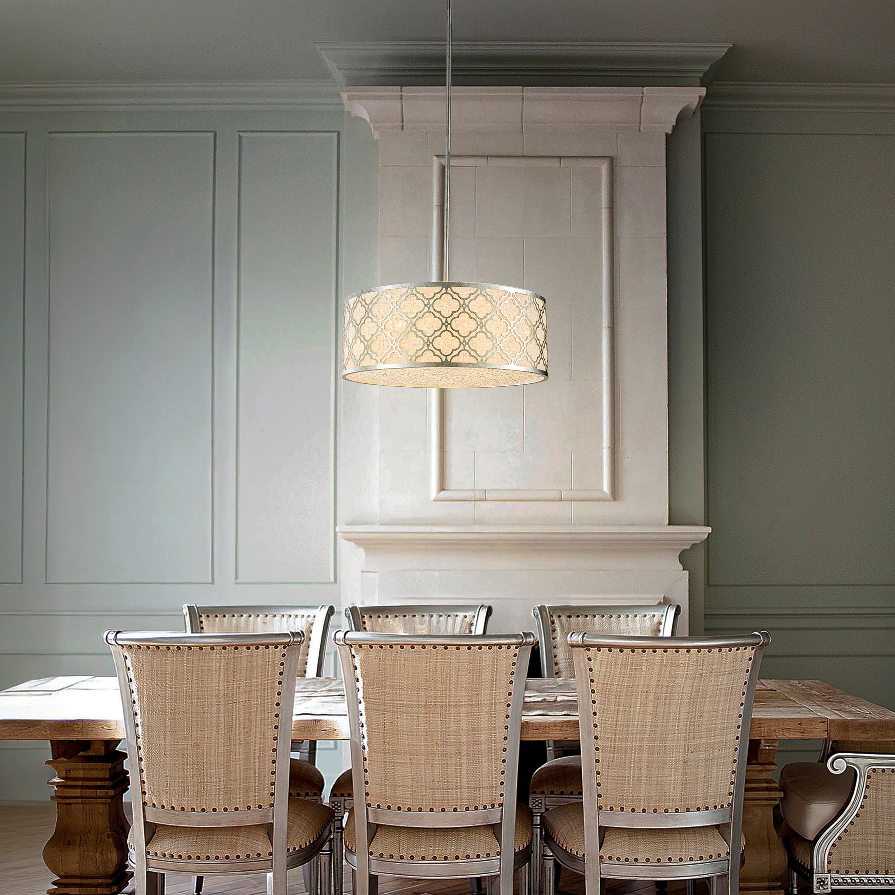5 Light 22" Modern Classic Linen Drum Matte Vintage Silver Chandelier for Dining Room, Bedroom, or Living Room