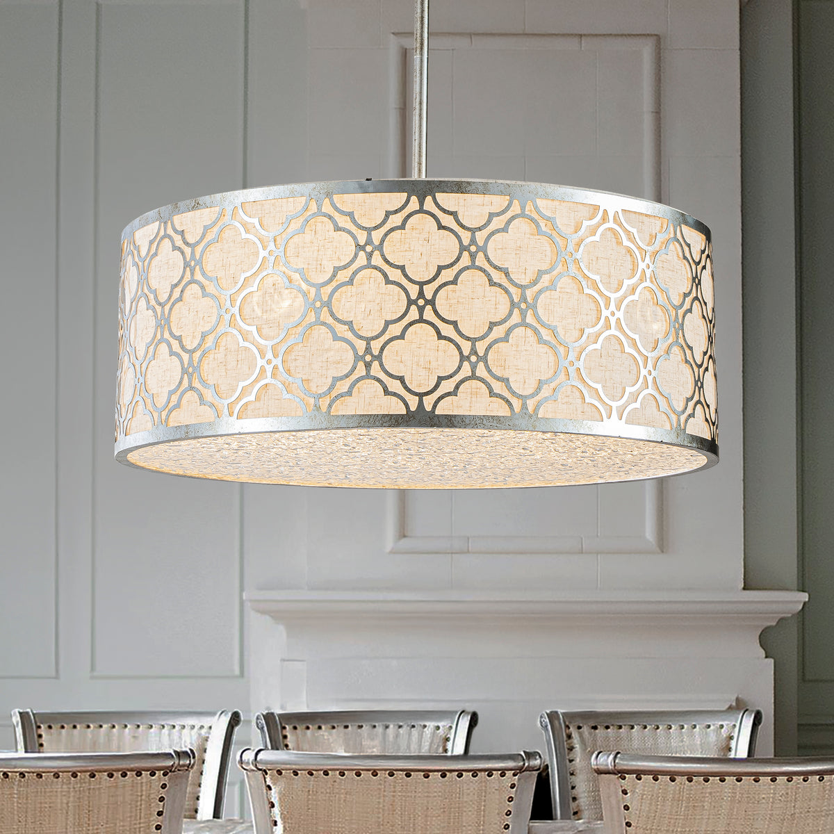 5 Light 22" Modern Classic Linen Drum Matte Vintage Silver Chandelier for Dining Room, Bedroom, or Living Room