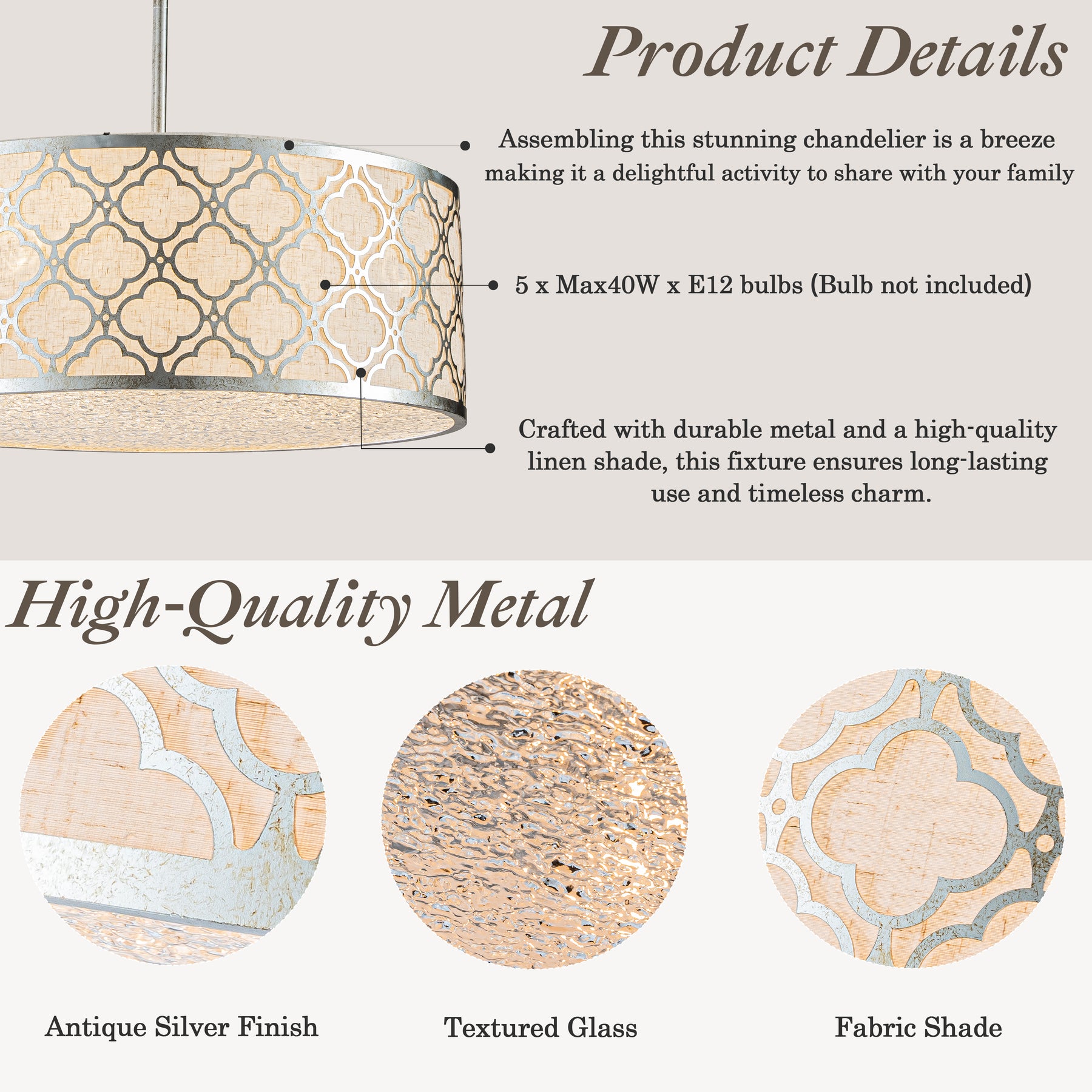 5 Light 22" Modern Classic Linen Drum Matte Vintage Silver Chandelier for Dining Room, Bedroom, or Living Room