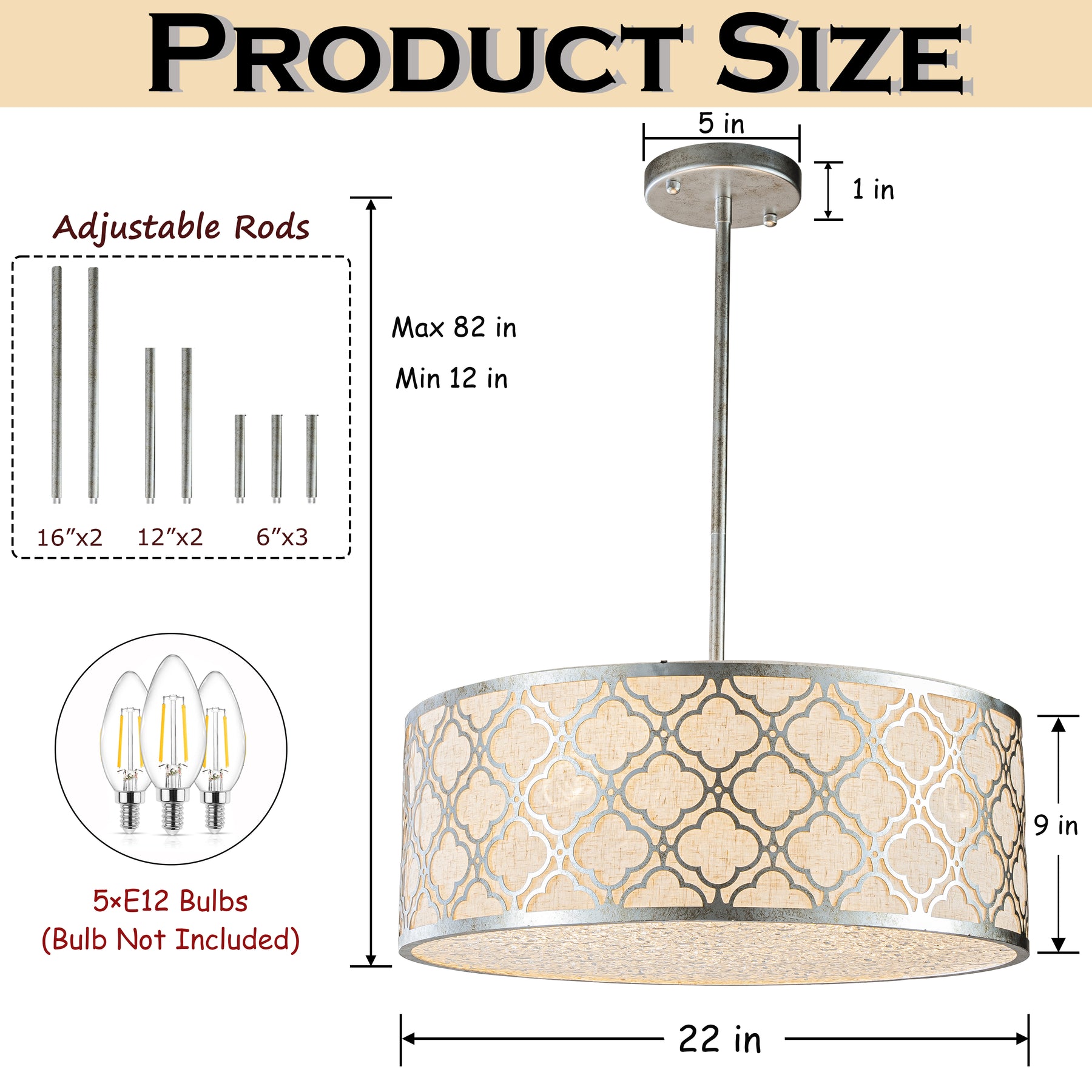 5 Light 22" Modern Classic Linen Drum Matte Vintage Silver Chandelier for Dining Room, Bedroom, or Living Room