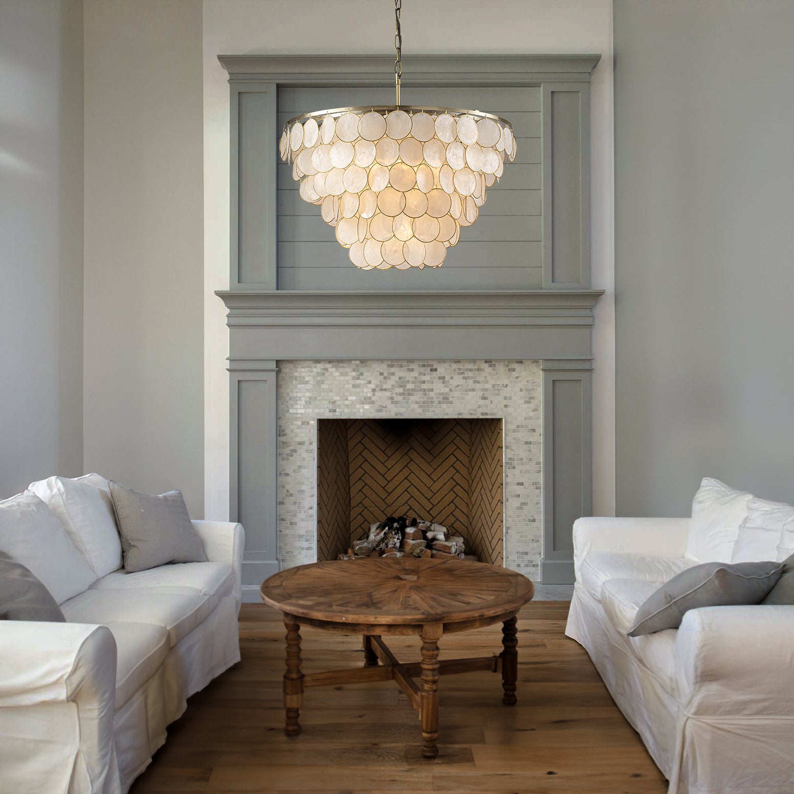 6-Light 24'' Wide Modern Coastal Aged Bronze Natural Capiz Shell Tiered Chandelier Vintage Glam Pendant For Living Room Dining Room