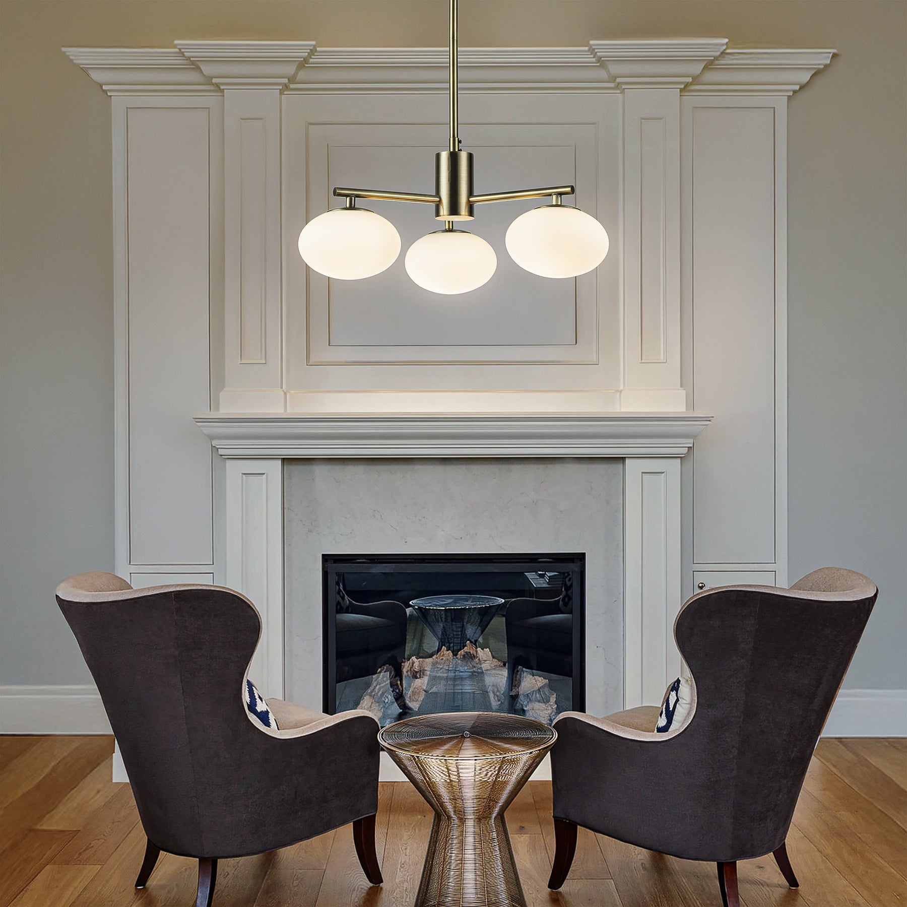 3-Light 20'' Antique Brass Mid Century Modern Opal Glass Chandelier Classic Globe Pendant Light For Dining Room Living Room