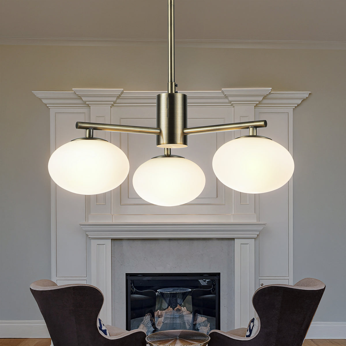 3-Light 20'' Antique Brass Mid Century Modern Opal Glass Chandelier Classic Globe Pendant Light For Dining Room Living Room