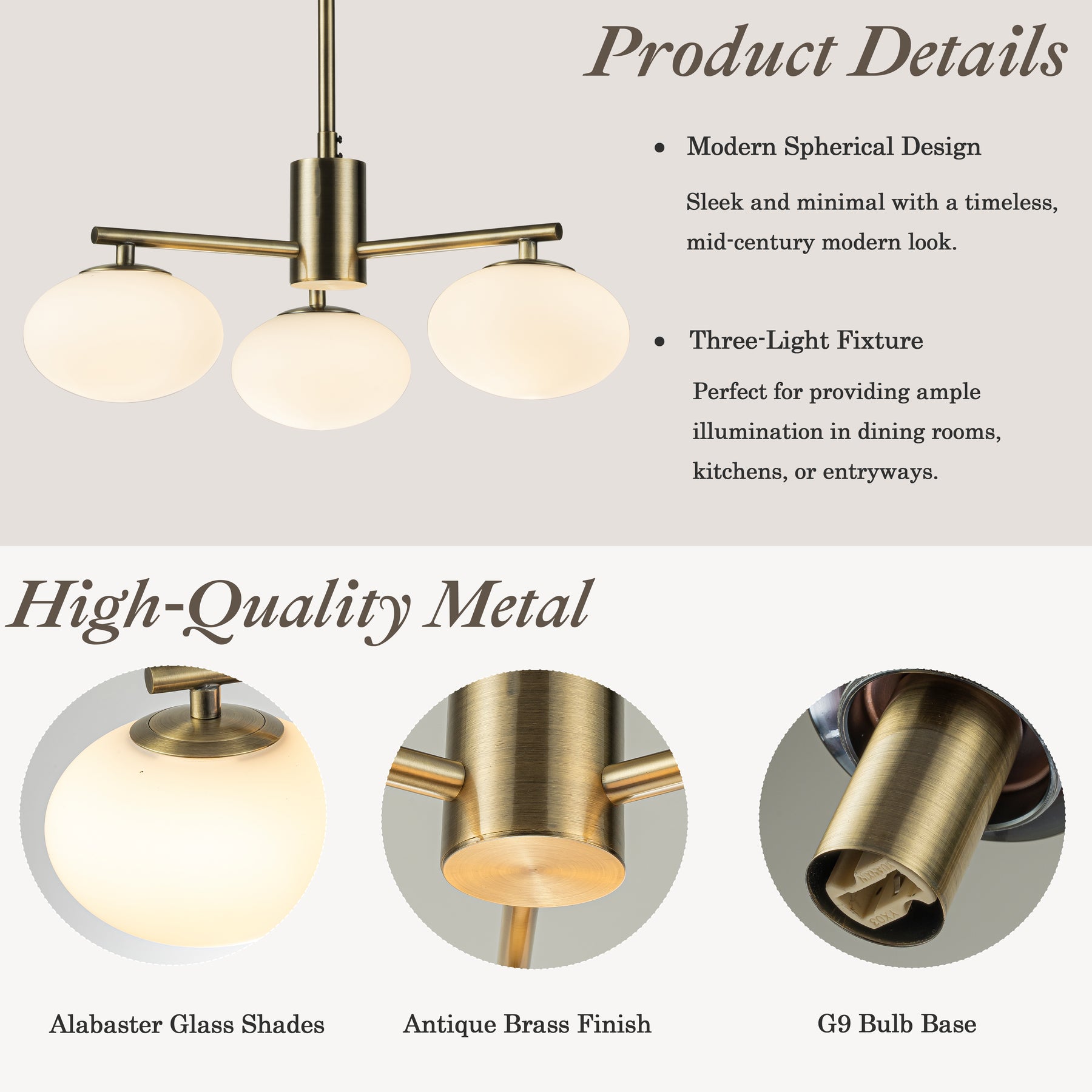 3-Light 20'' Antique Brass Mid Century Modern Opal Glass Chandelier Classic Globe Pendant Light For Dining Room Living Room