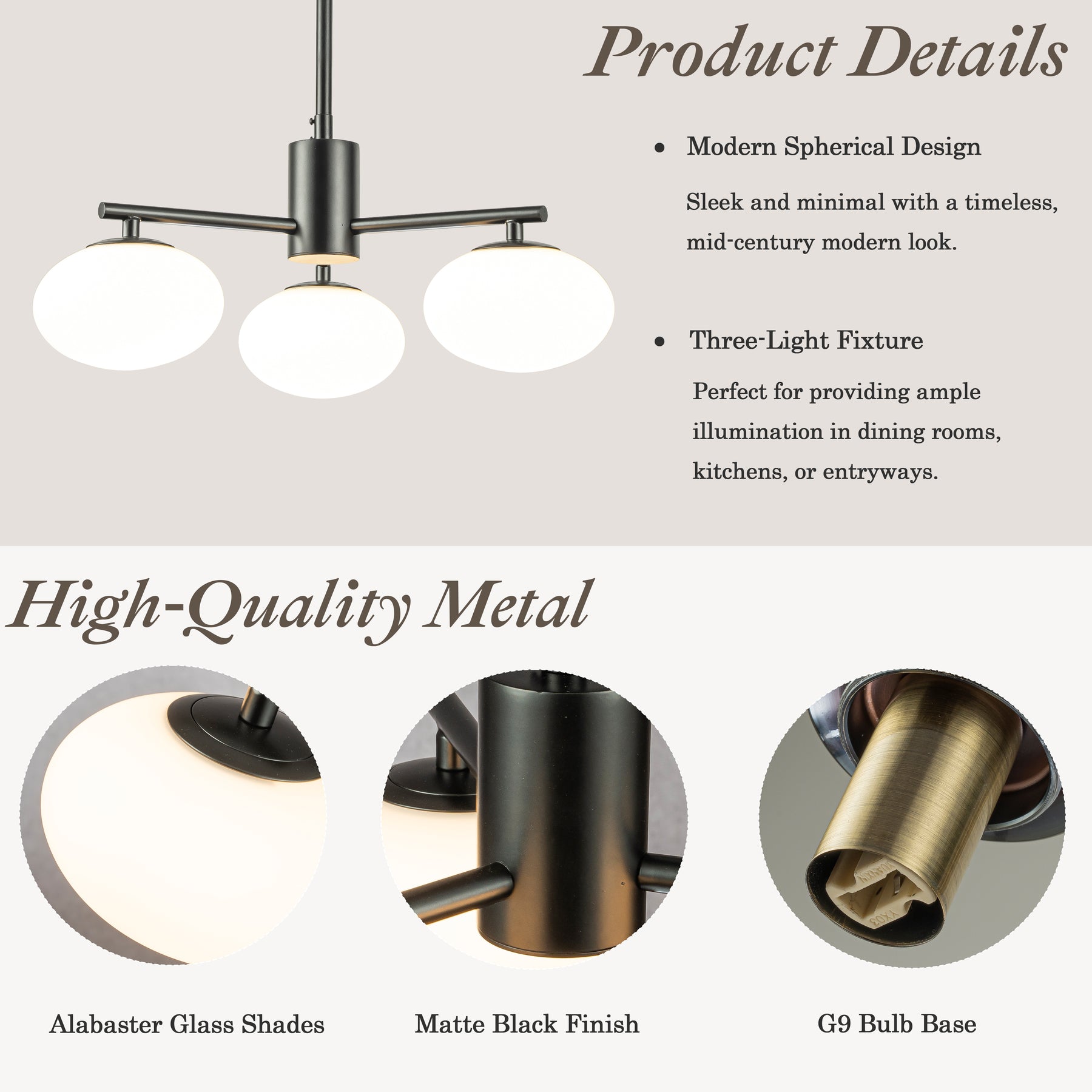 3-Light 20'' Matte Black Century Modern Opal Glass Chandelier Classic Globe Pendant Light For Dining Room