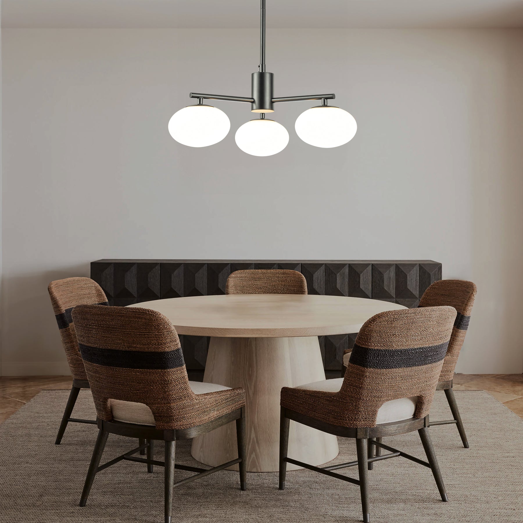 3-Light 20'' Matte Black Century Modern Opal Glass Chandelier Classic Globe Pendant Light For Dining Room
