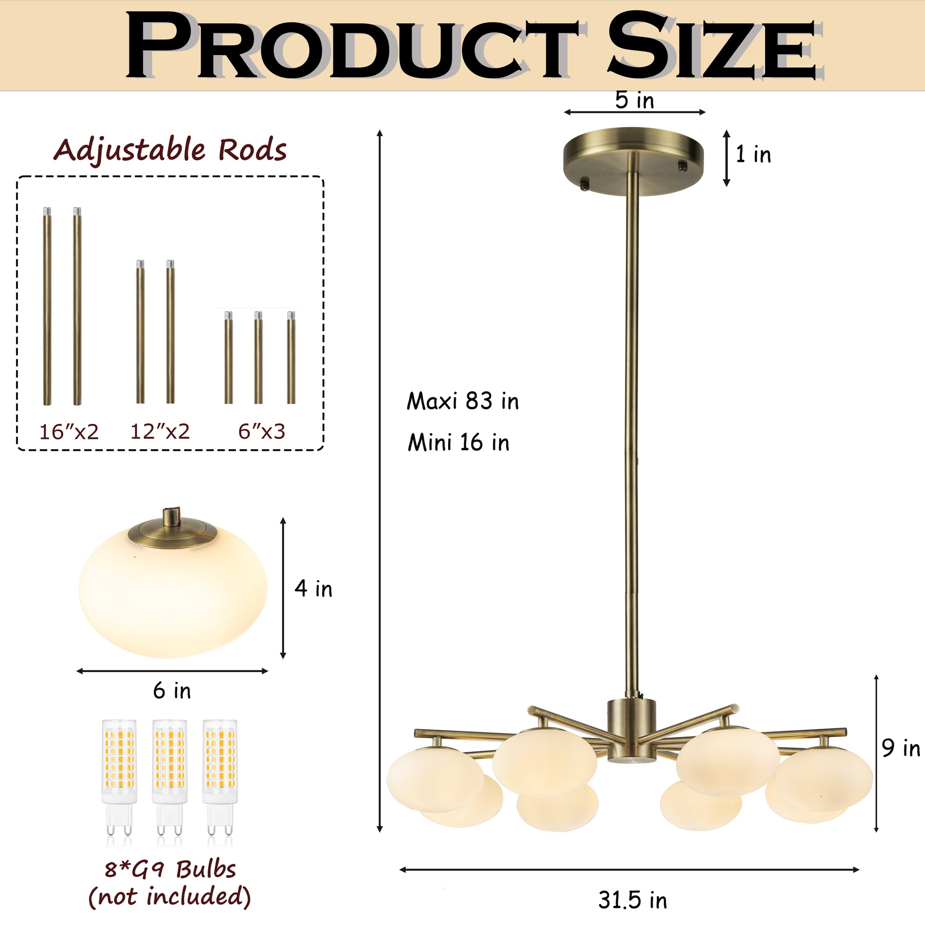 8-Light 32'' Antique Brass Mid Century Modern Opal Glass Chandelier Classic Globe Pendant Light For Dining Room Living Room