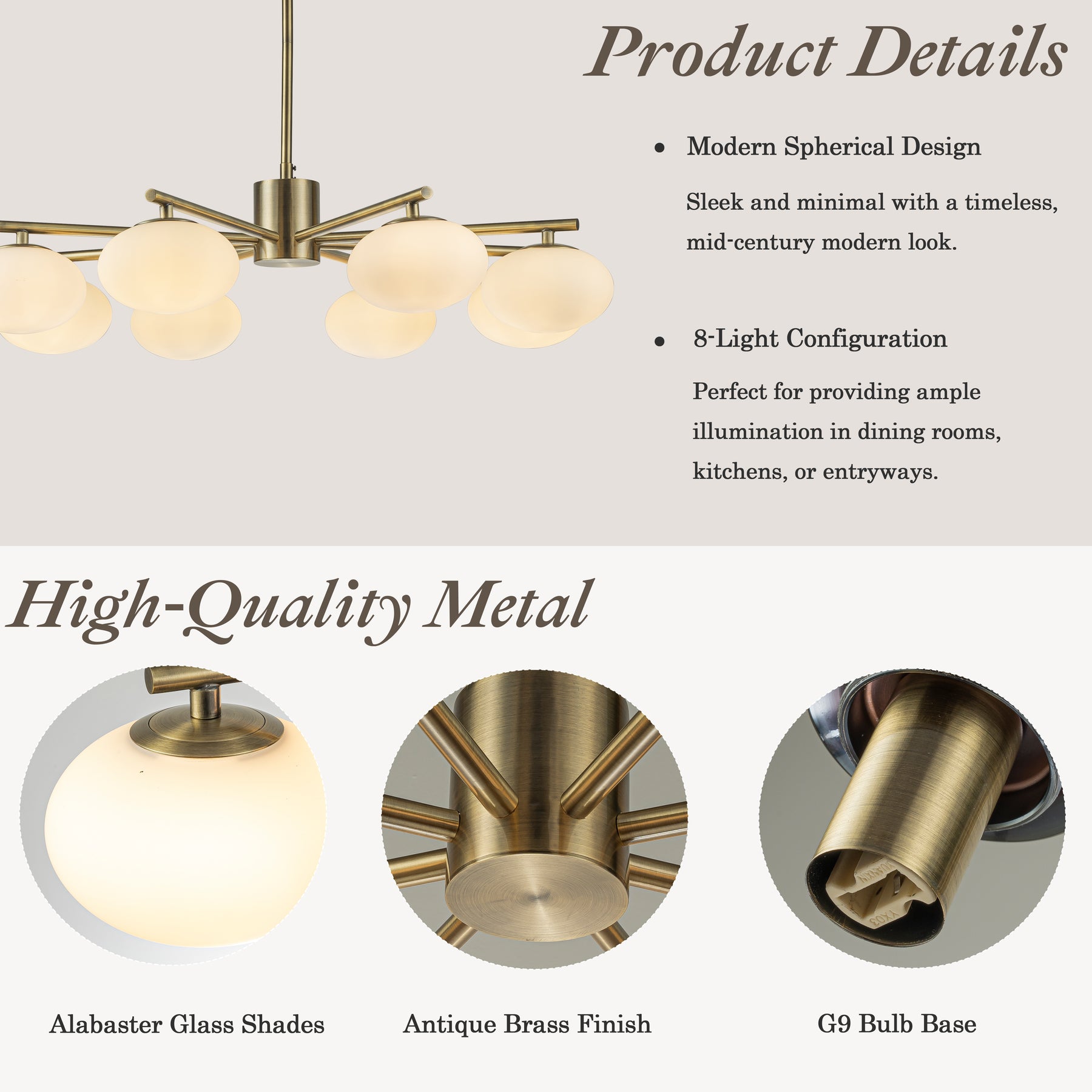 8-Light 32'' Antique Brass Mid Century Modern Opal Glass Chandelier Classic Globe Pendant Light For Dining Room Living Room