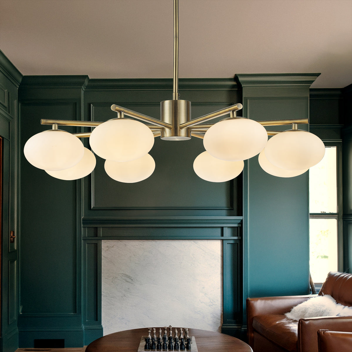 8-Light 32'' Antique Brass Mid Century Modern Opal Glass Chandelier Classic Globe Pendant Light For Dining Room Living Room