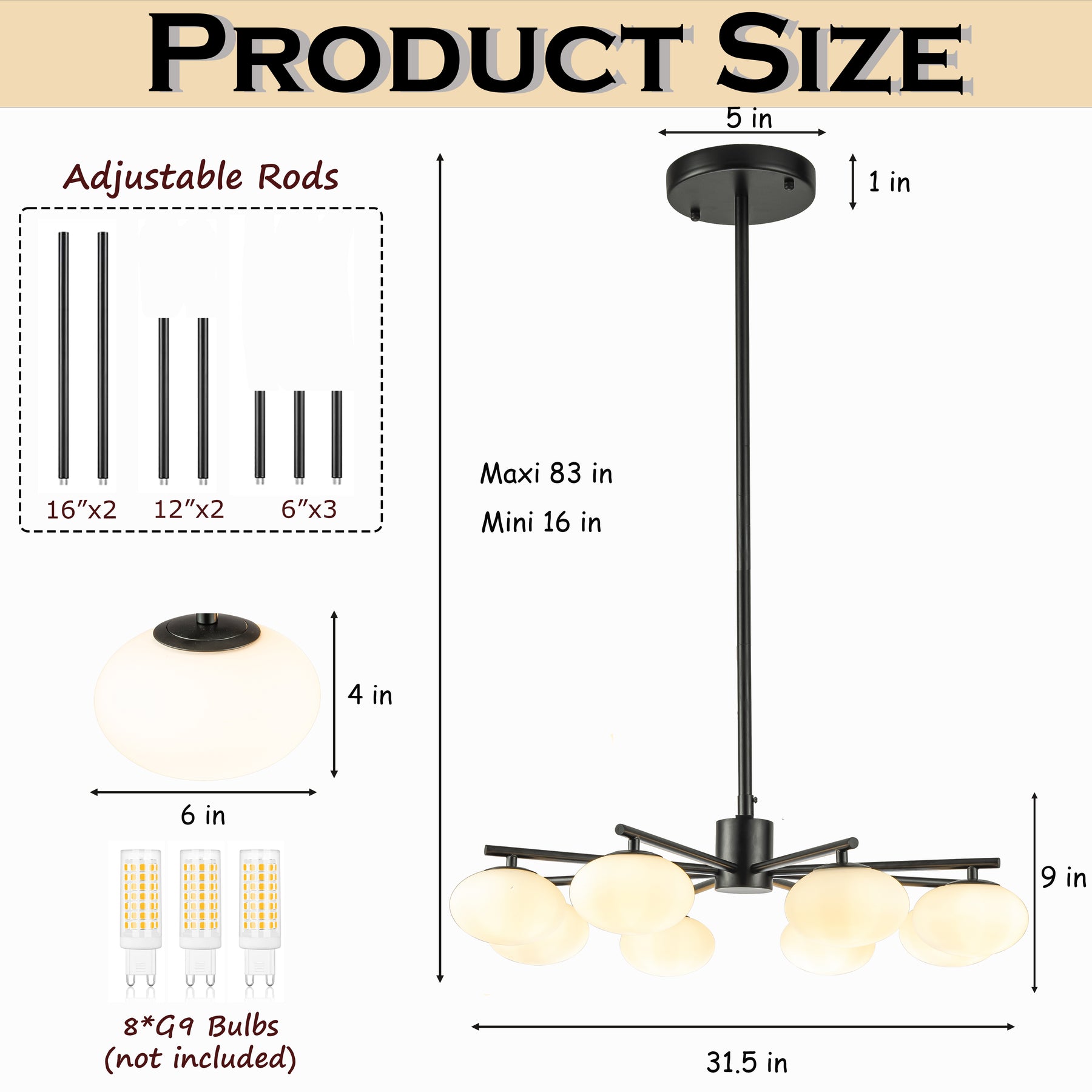 8-Light 32'' Matte Black Mid Century Modern Opal Glass Chandelier Classic Globe Pendant Light For Dining Room Living Room